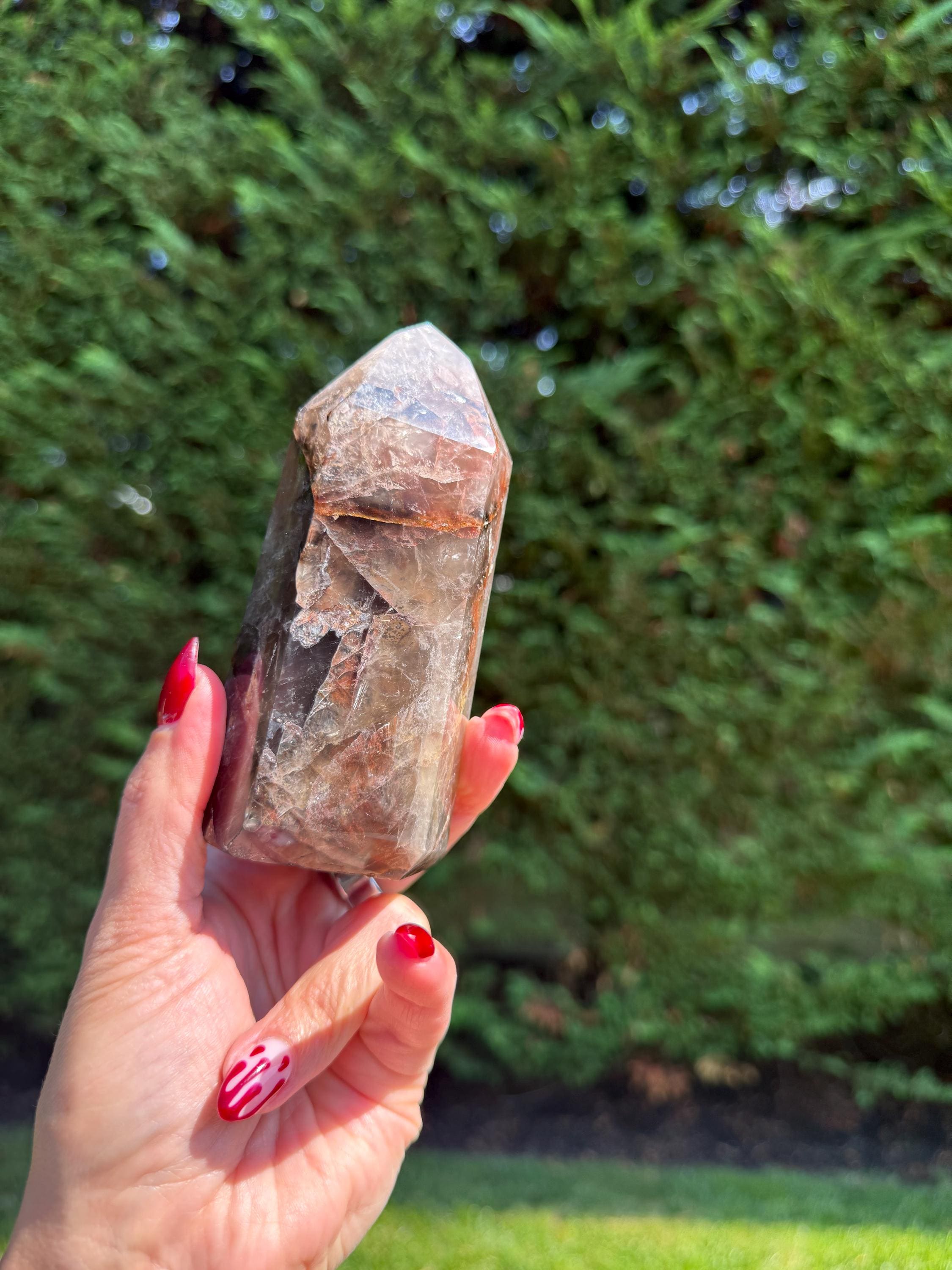 Fire Quartz & Smoky Quartz Crystal Tower from Madagascar: Grounding and Energizing Stone Point
