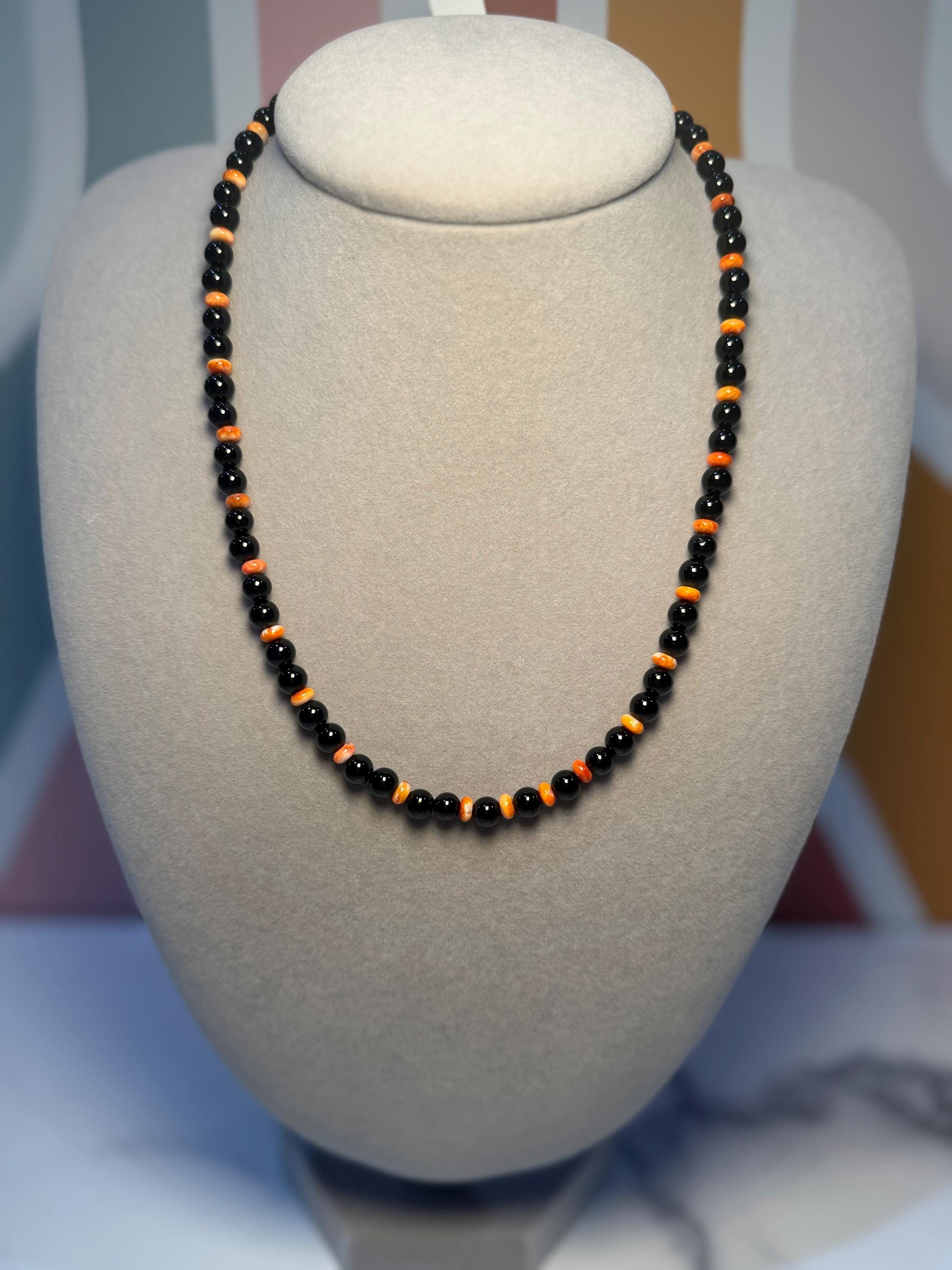 Naomi Garcia Black Onyx Orange Spiny Oyster Beaded Necklace, Sterling Silver Clasp