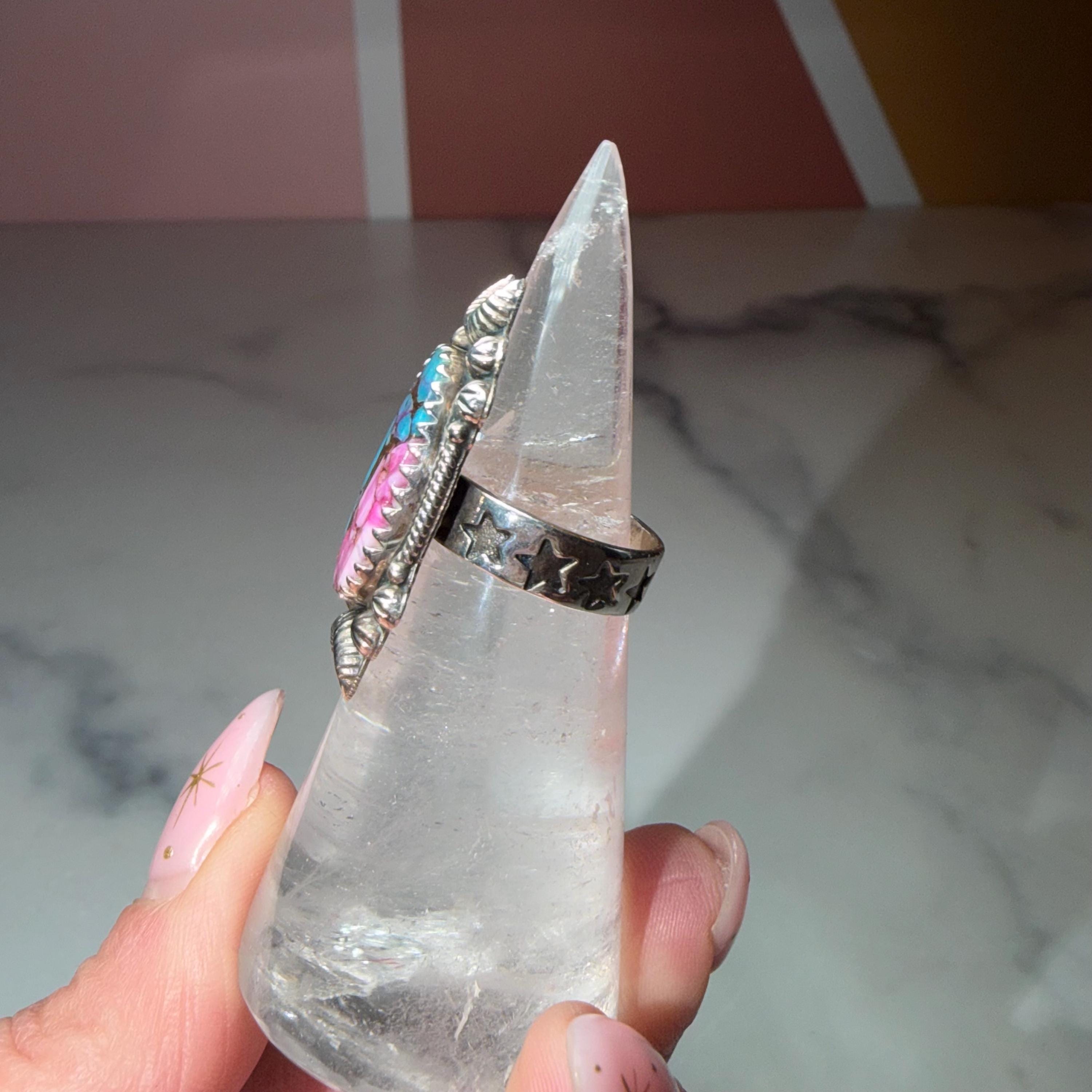 Pink Dahlia Sterling Silver Ring, Celestial Star Band, Size 6 Southwestern Statement 4