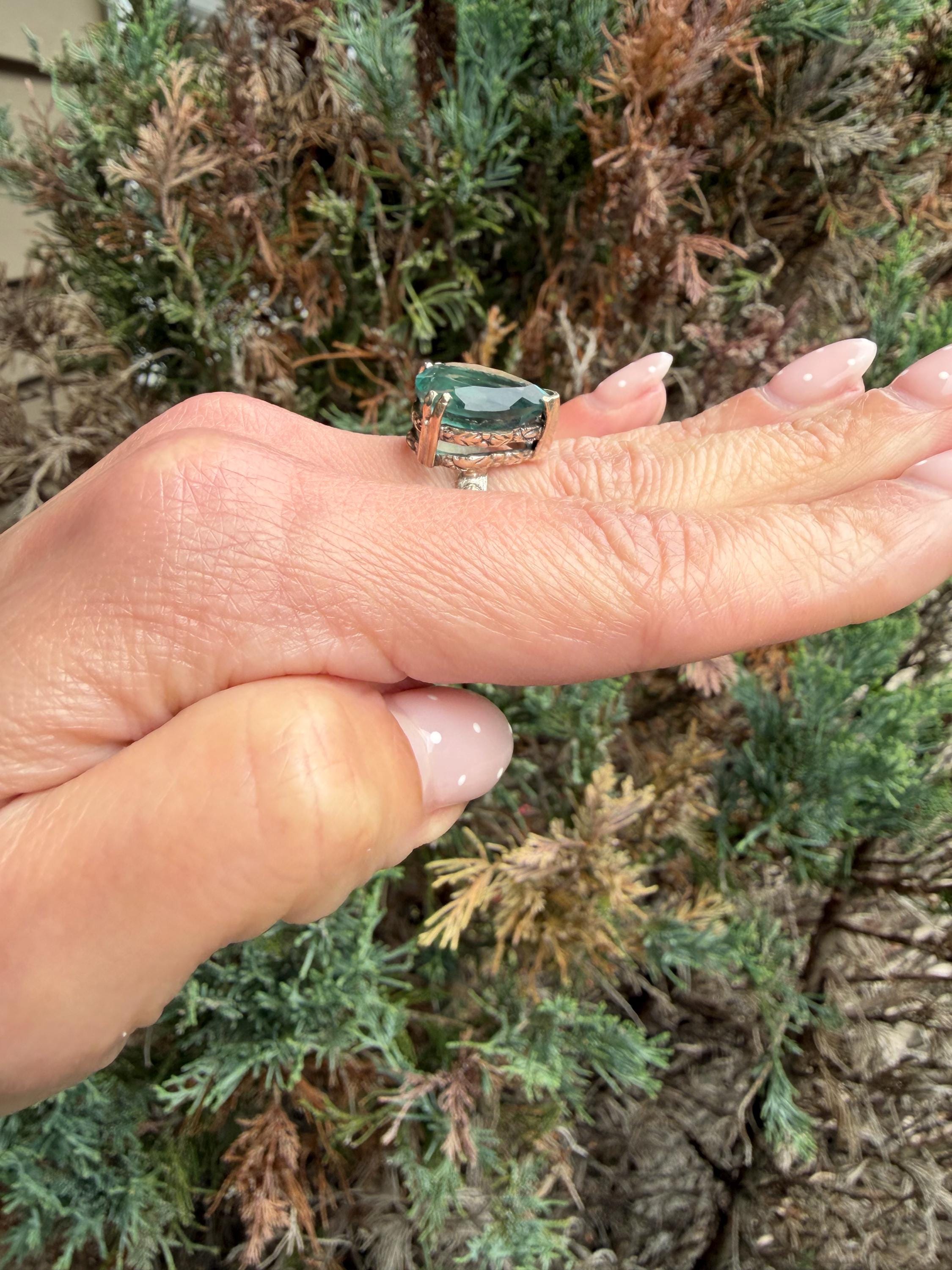 Blue Fluorite Teardrop Ring • Sterling Silver Floral Band • Boho Statement Ring (Size 7) 9