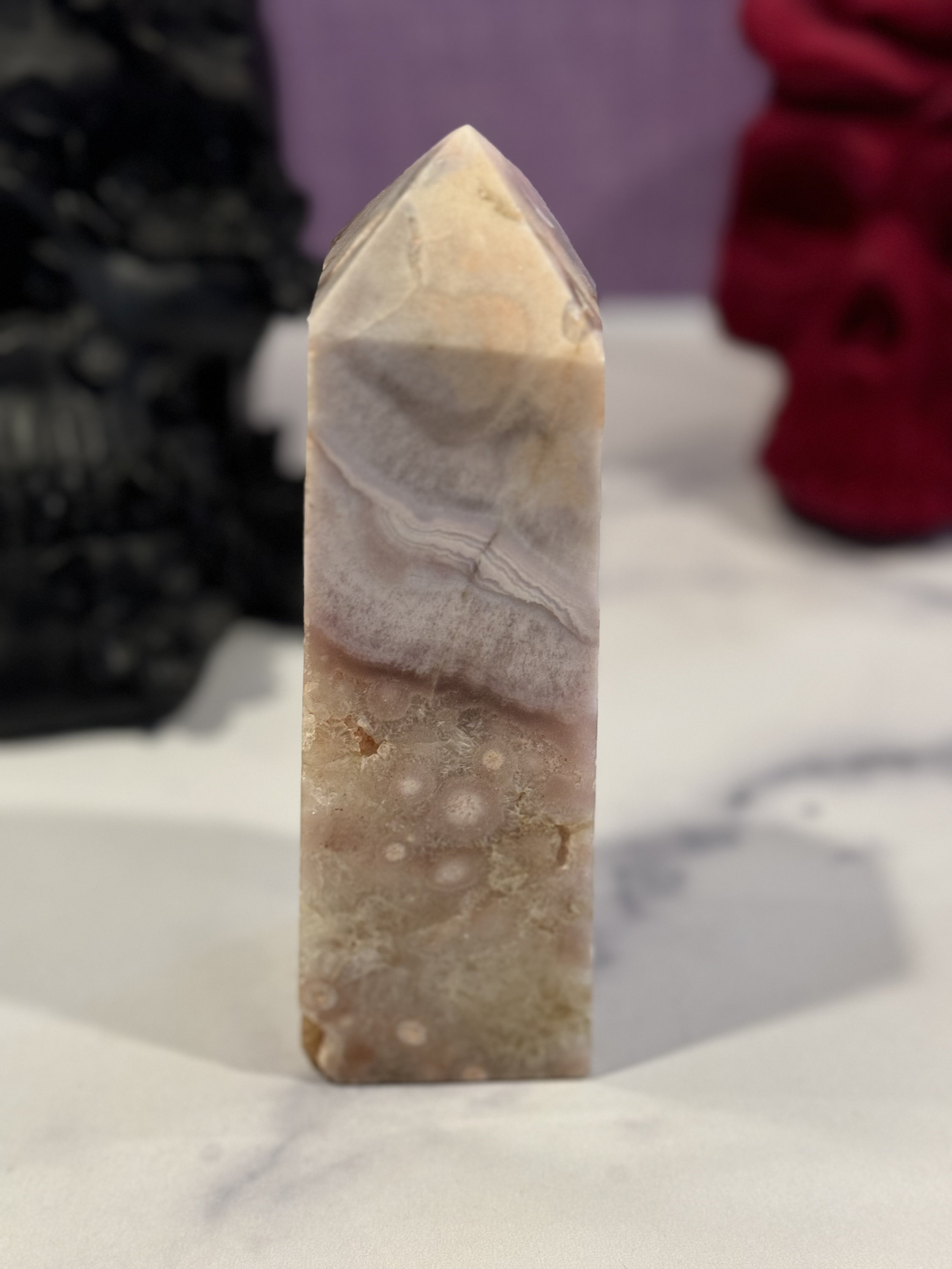 Pink Amethyst Flower Agate Druzy Crystal Tower • Polished Healing Stone Decor 2