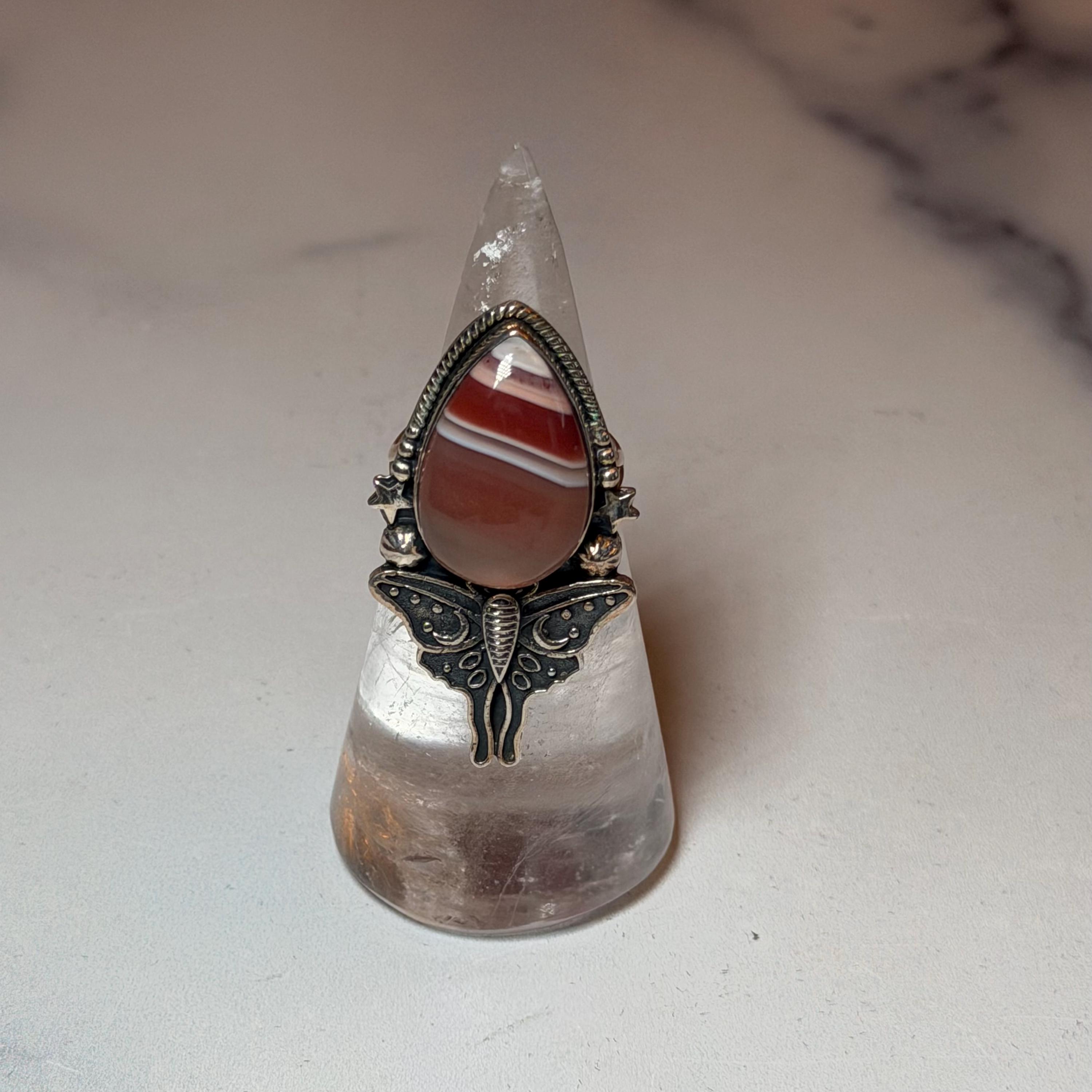 Botswana Agate Luna Moth Ring • Sterling Silver • Celestial Boho Statement Jewelry (size 7) 9