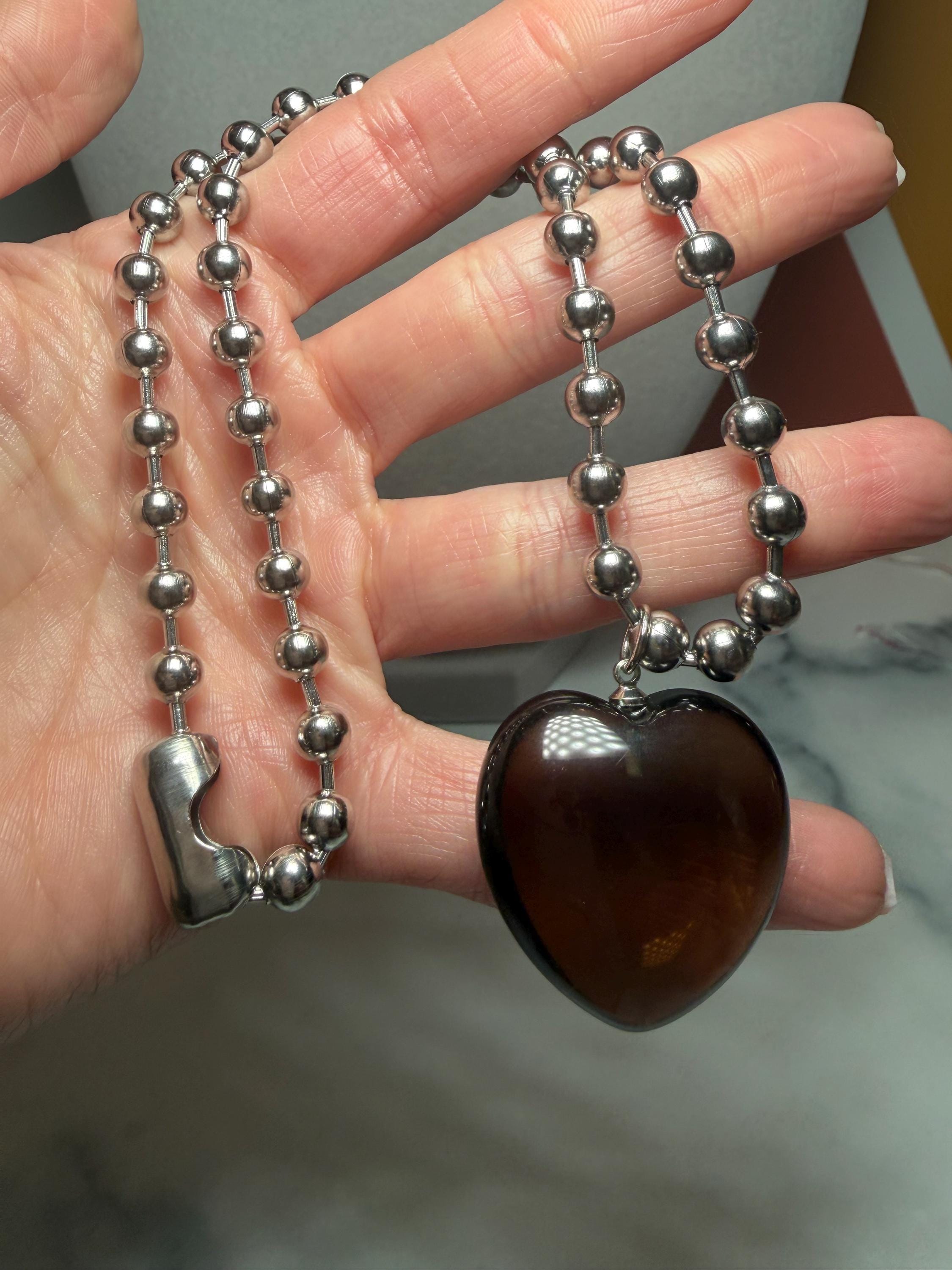 Smoky Quartz Heart Pendant Necklace, Sterling Silver Ball Chain, 17 Inch 3