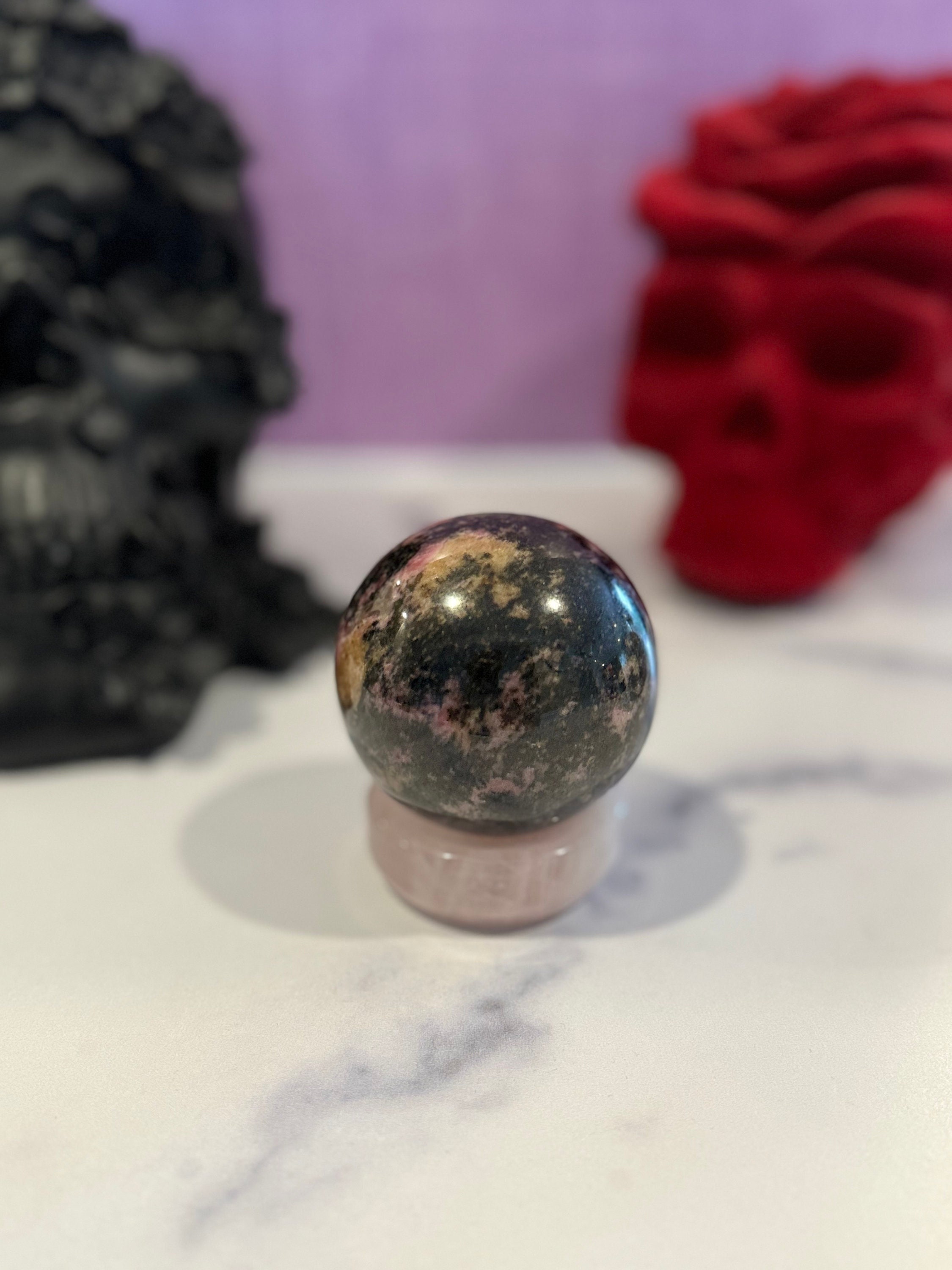 Sunset Rhodonite Sphere • 63mm Madagascar Crystal Ball • Heart Chakra Decor 3