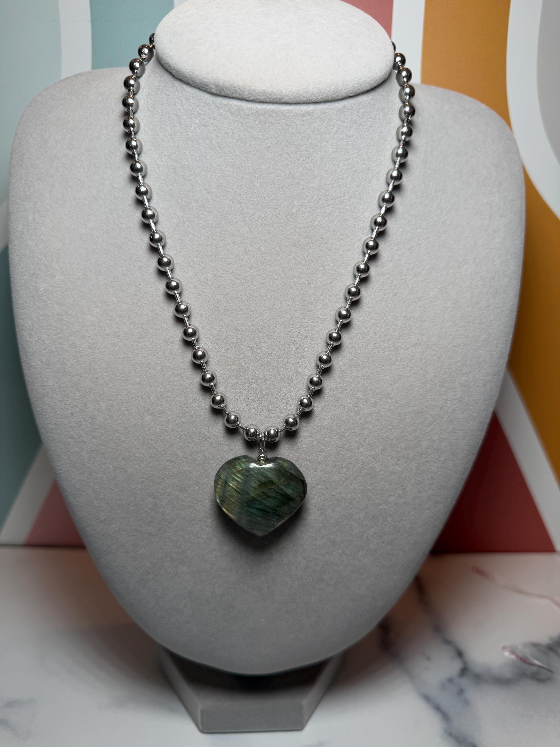 Labradorite Heart Pendant Necklace, Sterling Silver Ball Chain, 17 Inch Gemstone Jewelry 5