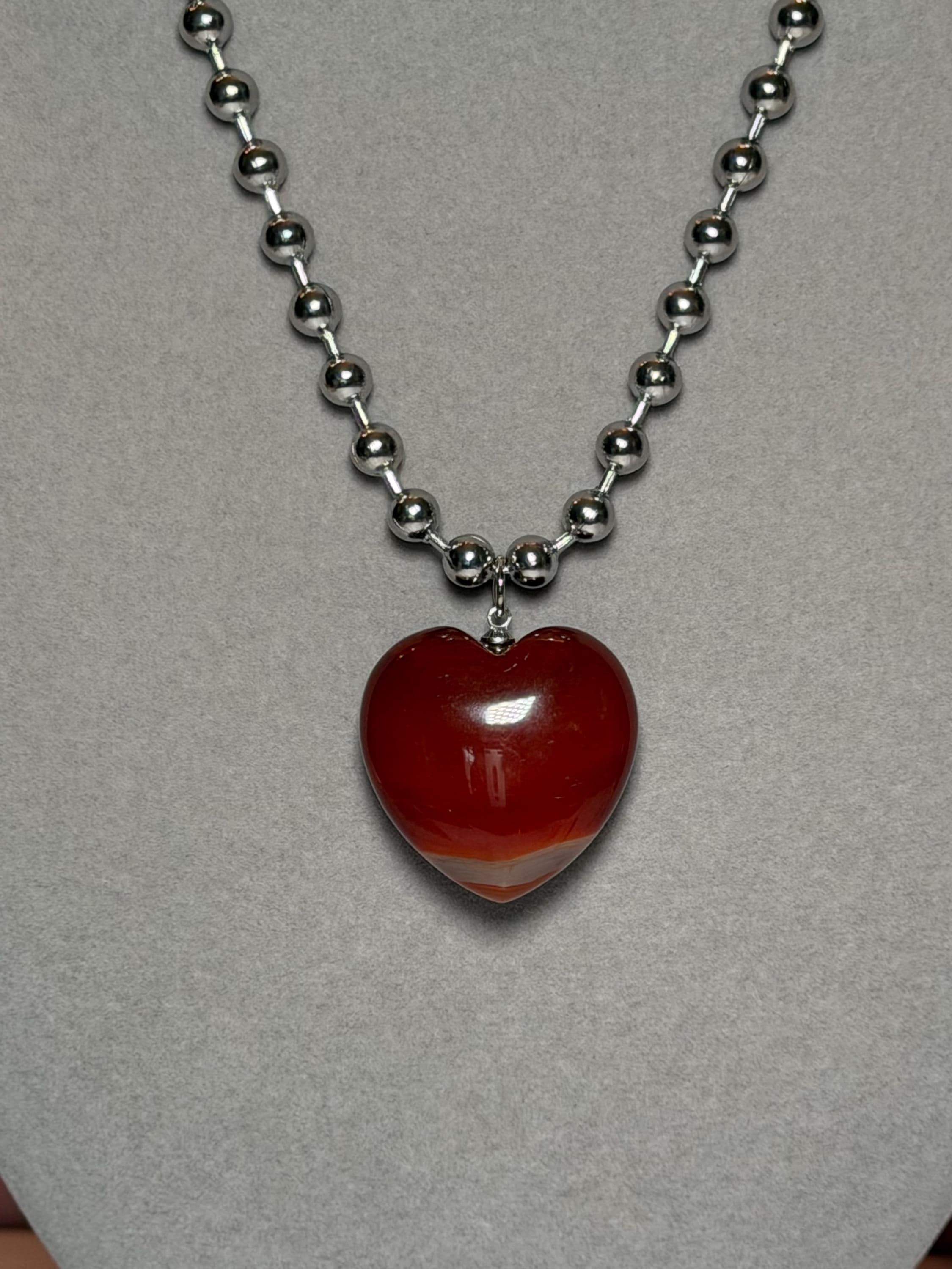 Sterling Silver Carnelian Heart Necklace, 17 Inch Ball Chain Pendant 5