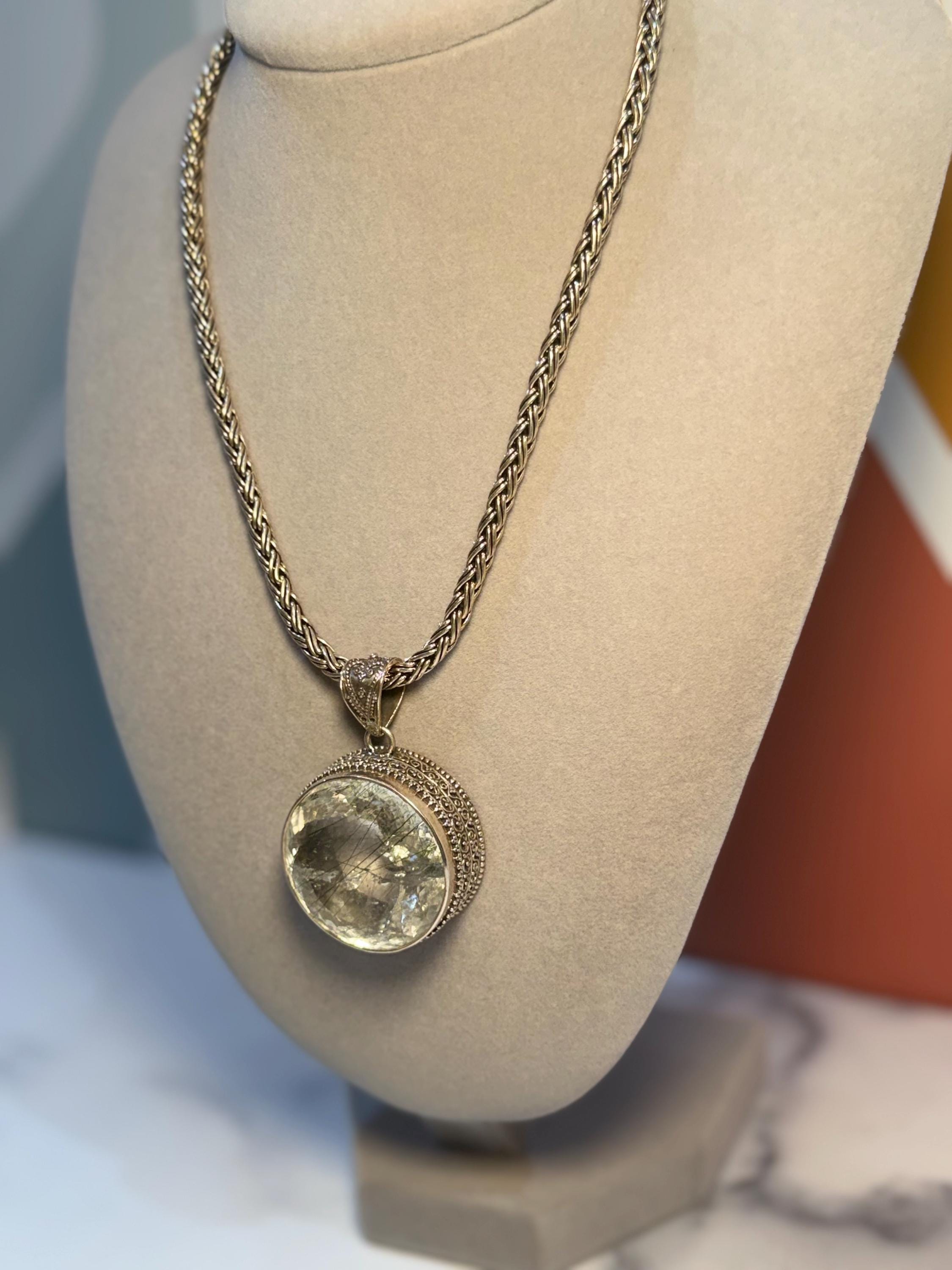 Faceted Rutilated Quartz Pendant, Black Rutile Sterling Silver Ornate Necklace 7