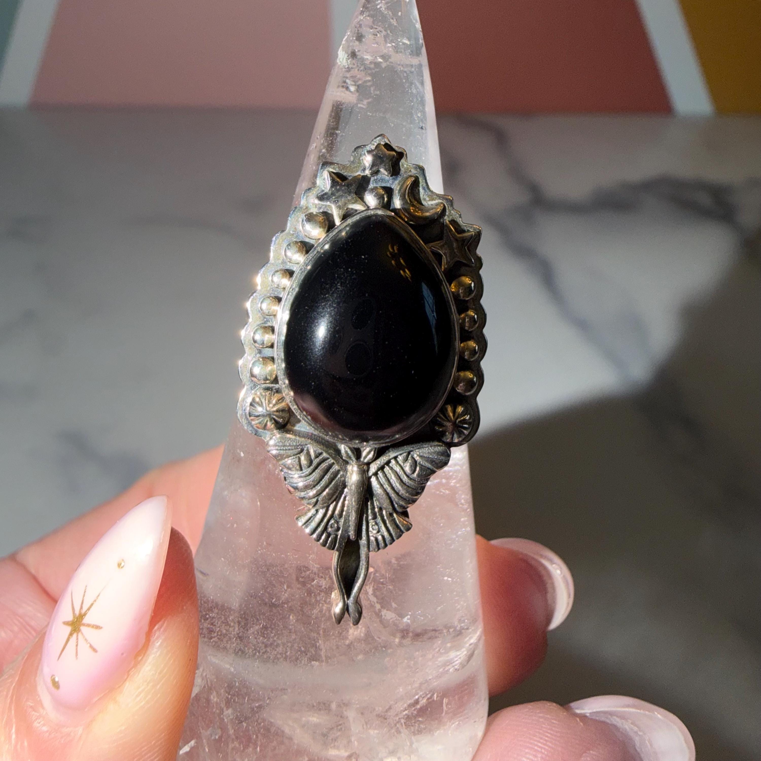 Black Onyx Luna Moth Ring • 925 Sterling Silver • Gothic Boho Statement Jewelry (Size 7) 3
