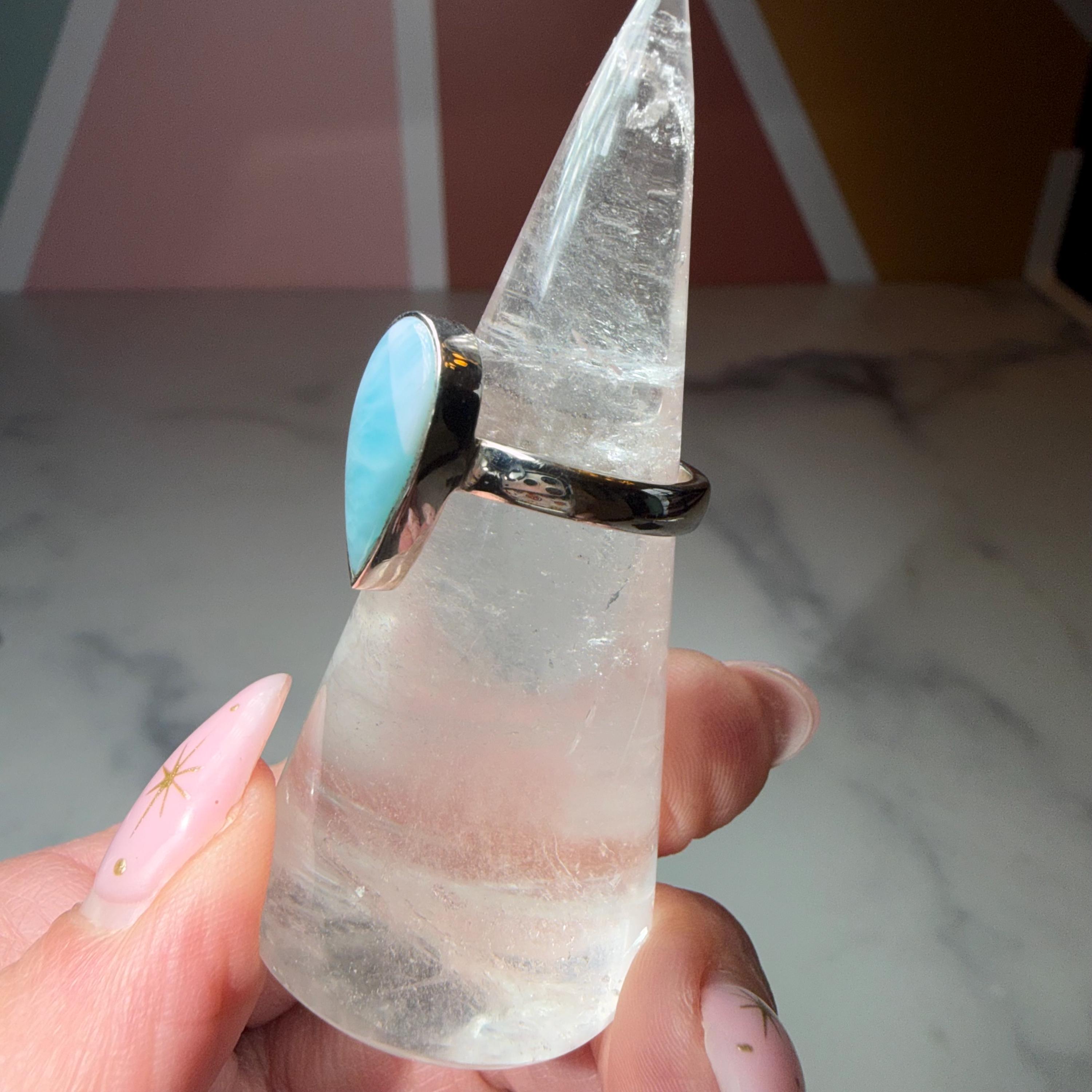 Larimar Tear Drop Ring, Sterling Silver Ocean Stone Statement Jewelry (size 7) 4