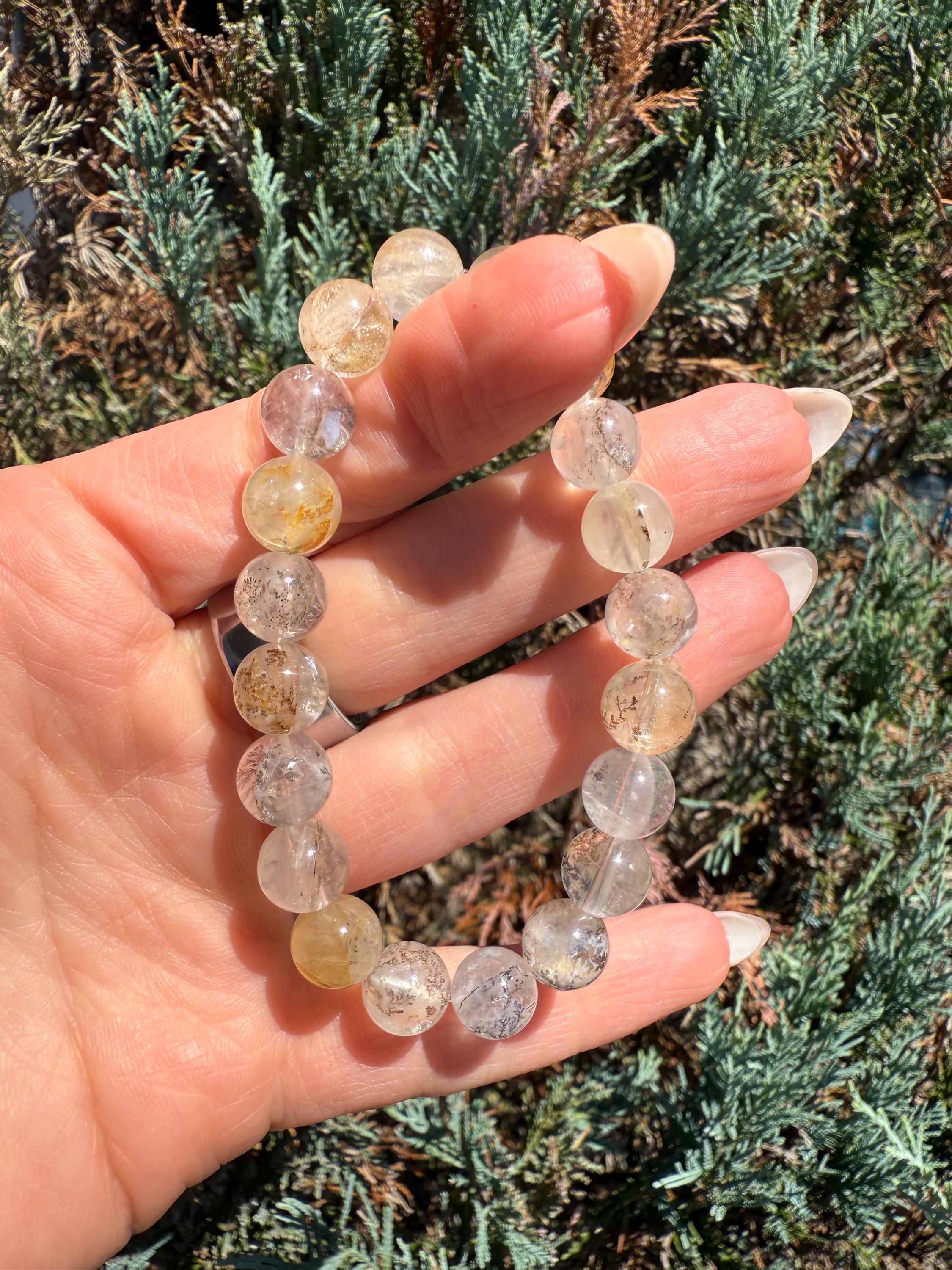 Dendritic Quartz with Gold Healer Inclusions Stretch Beaded Bracelet, Crystal Beaded Jewelry (9mm) 5