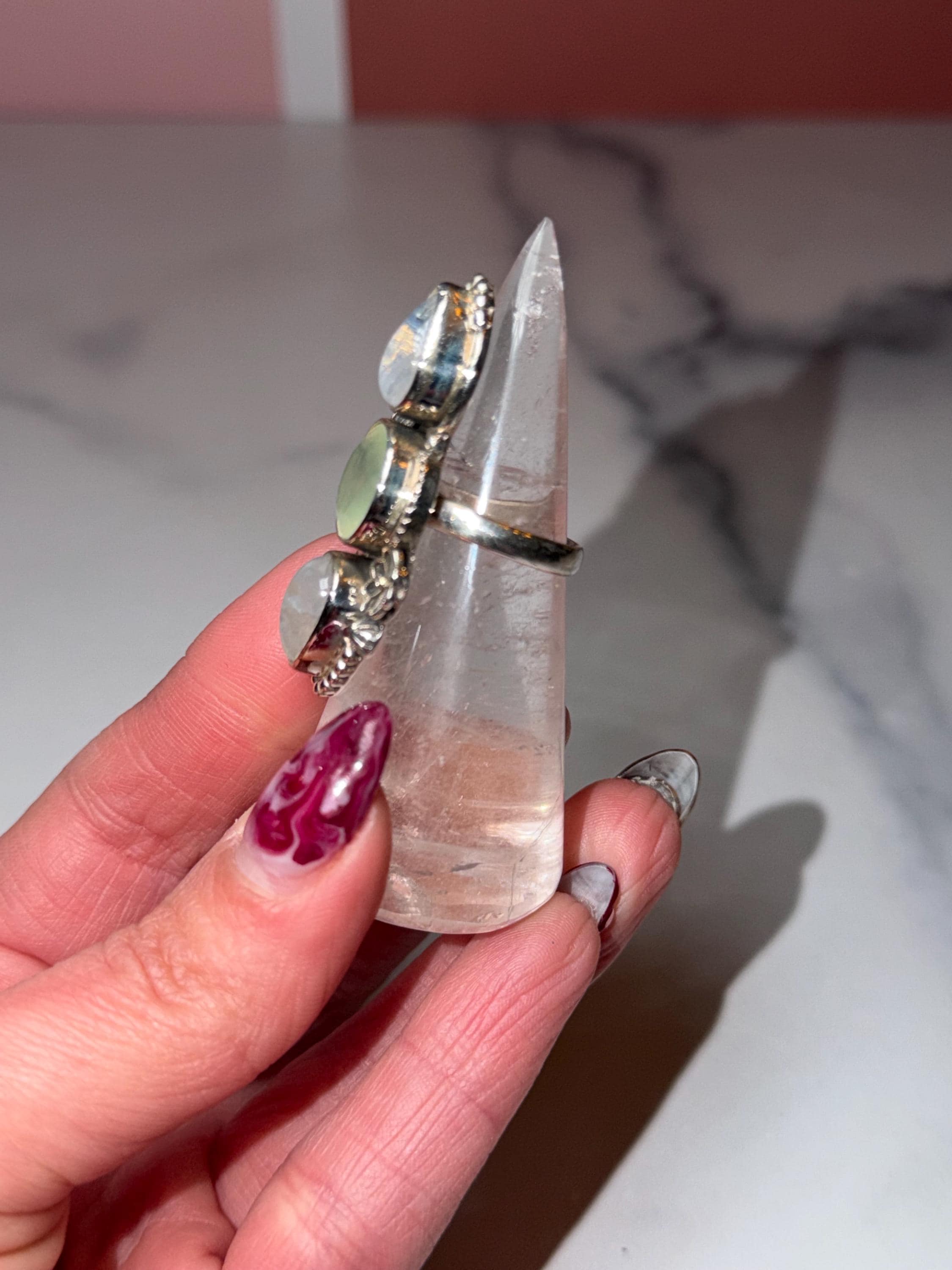 Triple Prehnite Moonstone Floral Ring • Sterling Silver Boho Statement Gemstone (Size 7) 7
