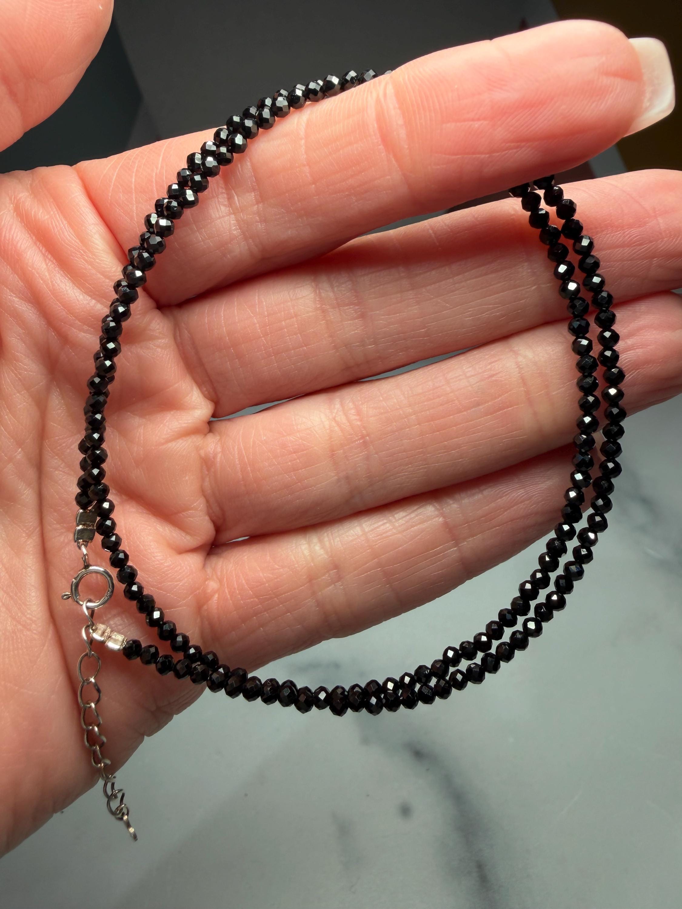 Faceted Black Spinel Beaded Necklace Sterling Silver Dainty Gemstone Chain (16 Inch + 1.5 Inch Extender) 4