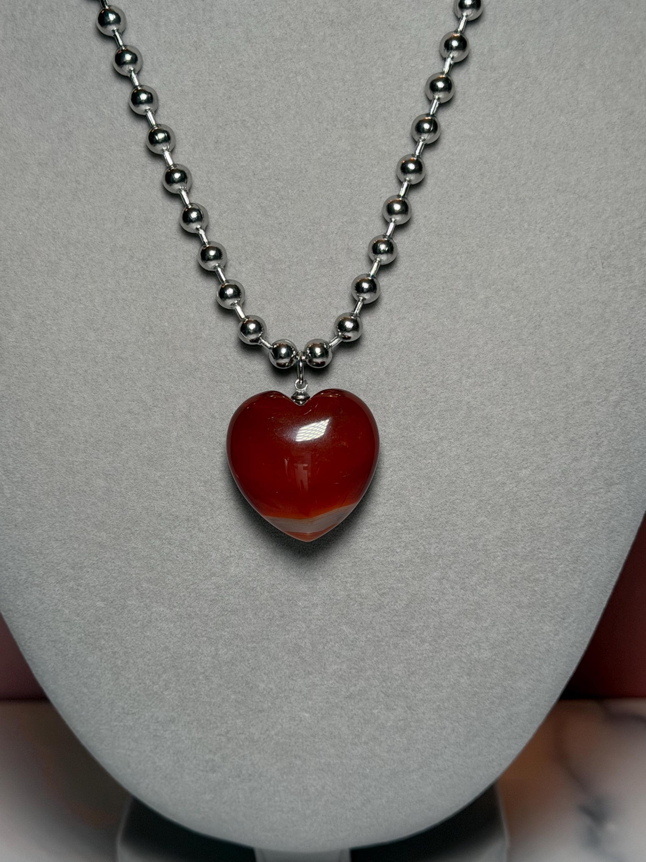 Sterling Silver Carnelian Heart Necklace, 17 Inch Ball Chain Pendant 7