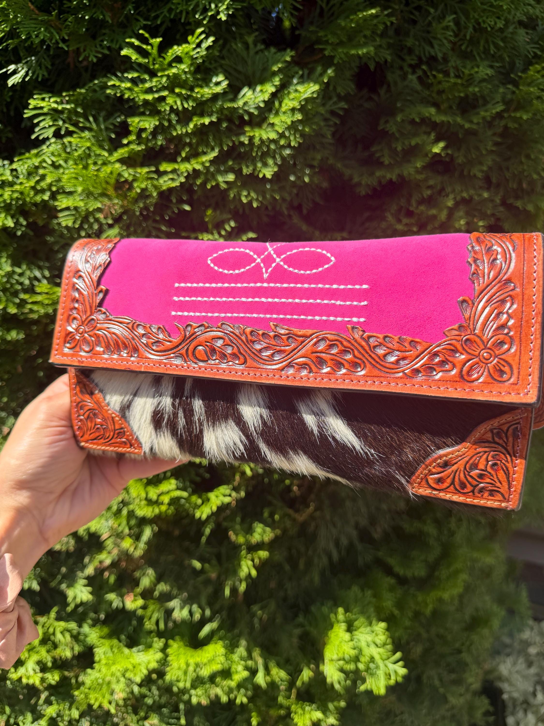 Pink Tooled Leather & Cowhide Wallet Crossbody – Western Hair-On Hide Clutch 3