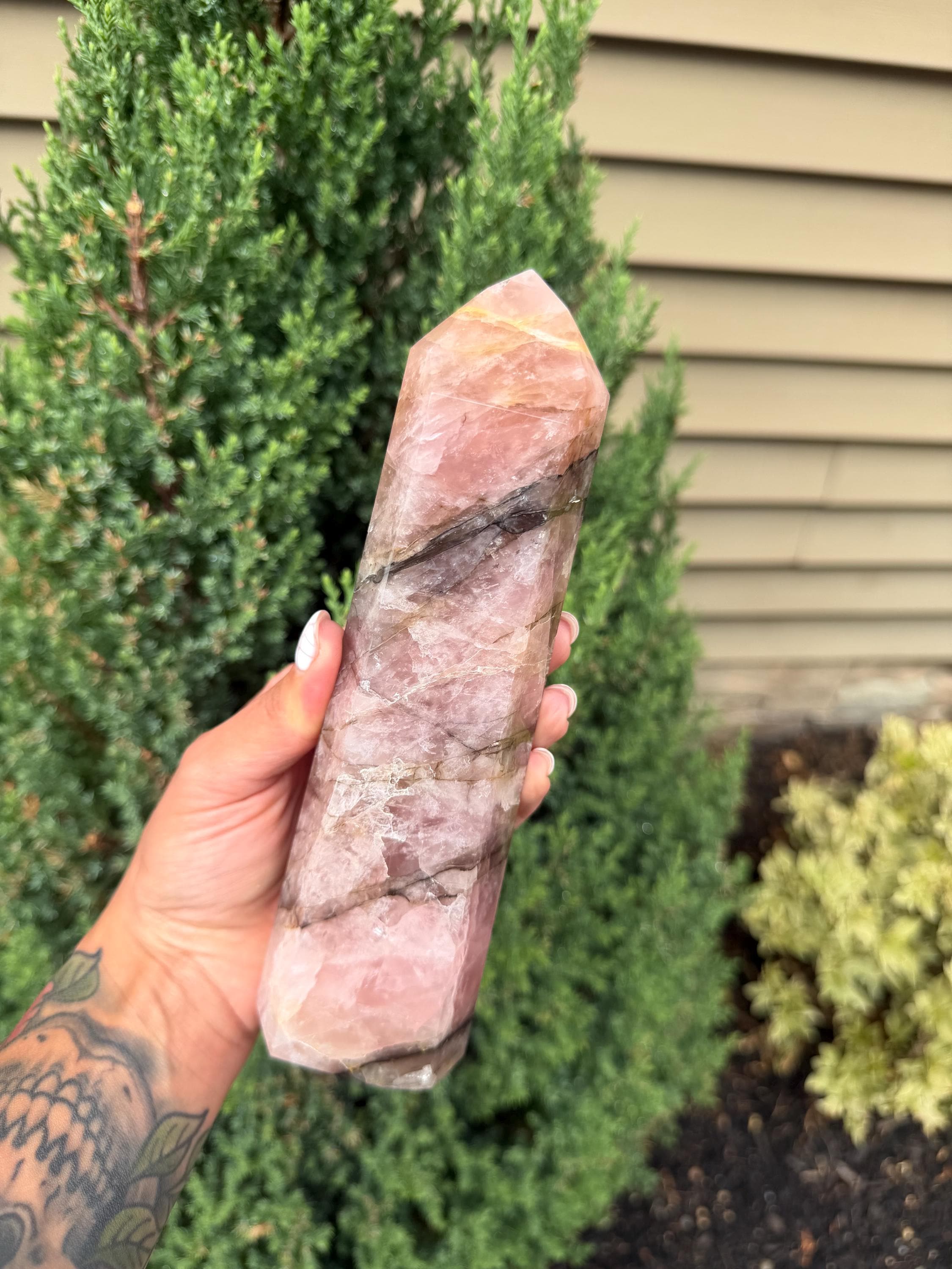 XL Rose Quartz Tower with Black Mineral Inclusions