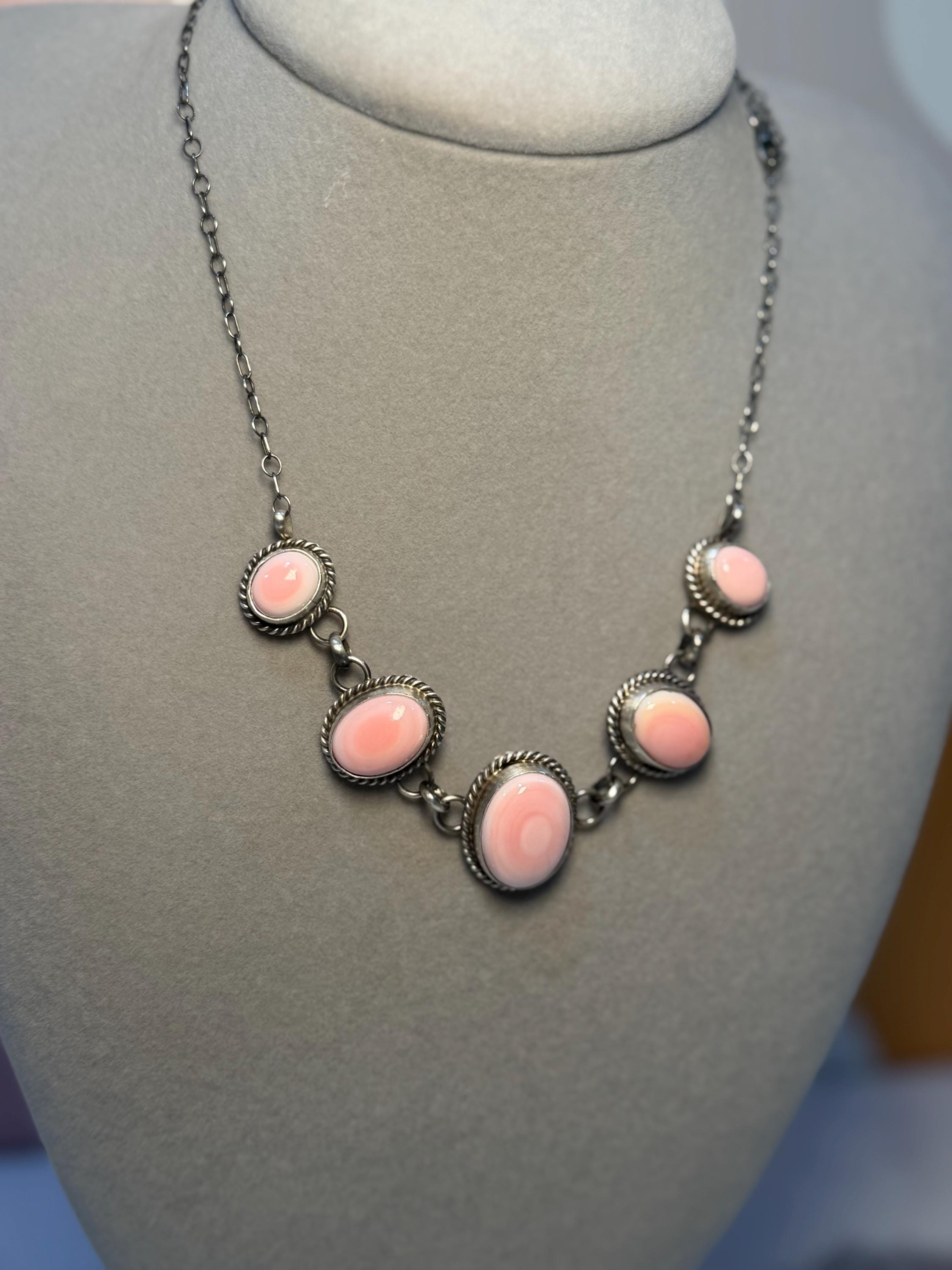 Pink Conch Five Stone Necklace, Sterling Silver, Native Made Stamped B. Lee 4