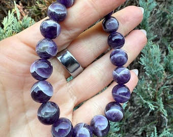 Chevron Dream Amethyst 10mm Crystal Stretch Beaded Bracelet, Spiritual Healing Energy Jewelry