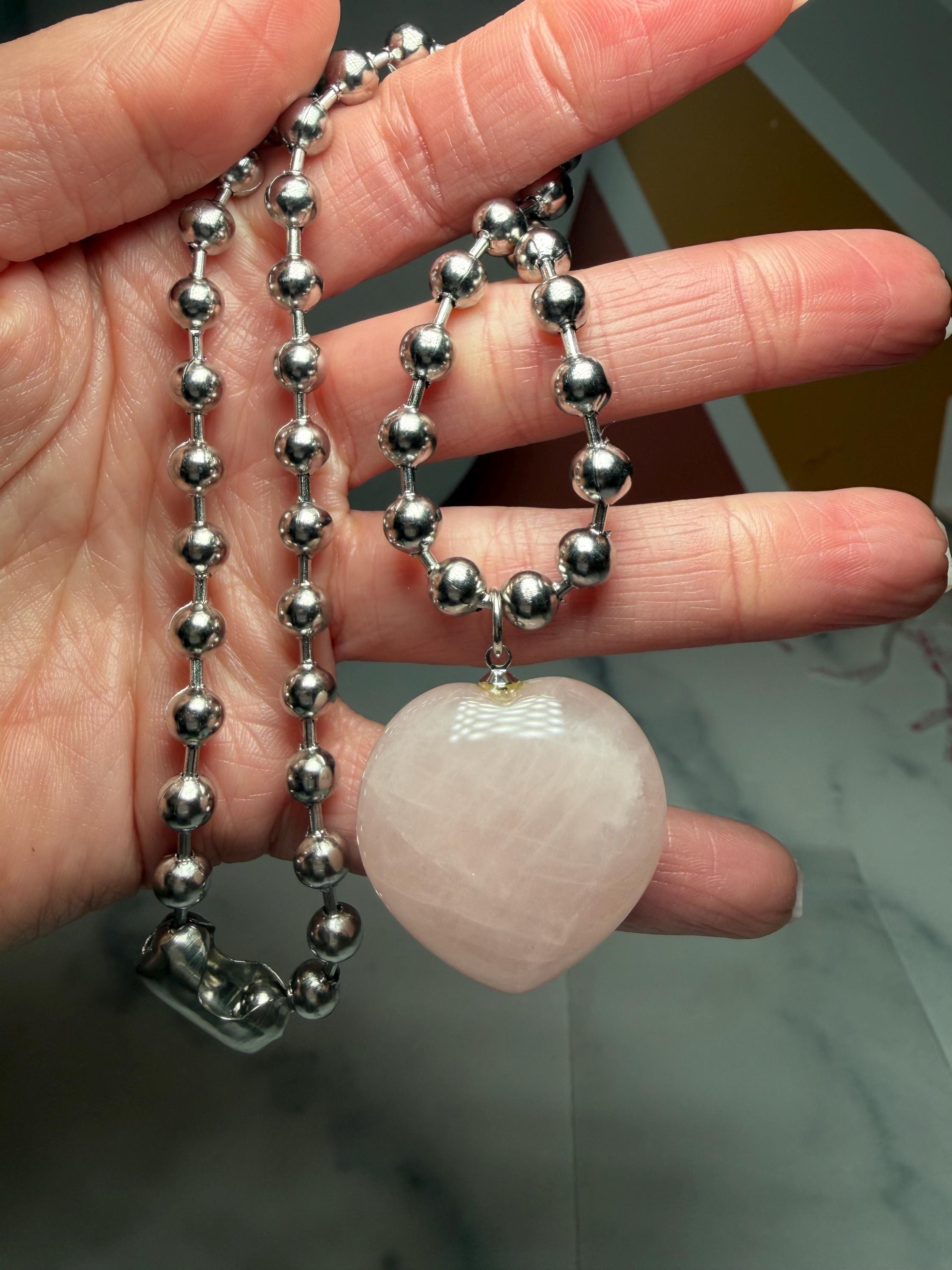 Rose Quartz Heart Pendant Necklace, Sterling Silver Ball Chain, 17 Inch Length 3