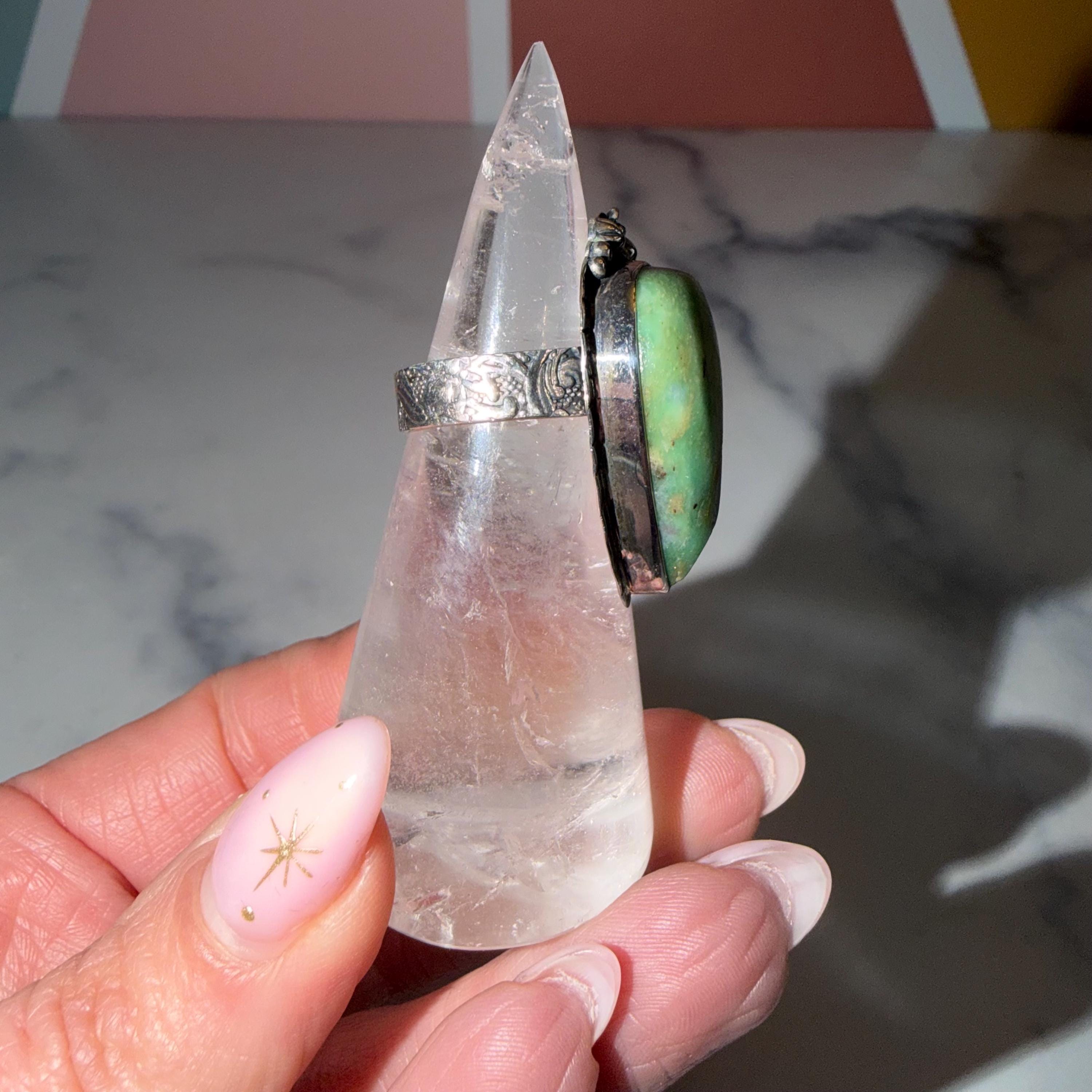 Large Ruby Fuchsite Teardrop Ring • Sterling Silver Floral Setting • Boho Statement Jewelry (Size 6.75) 6
