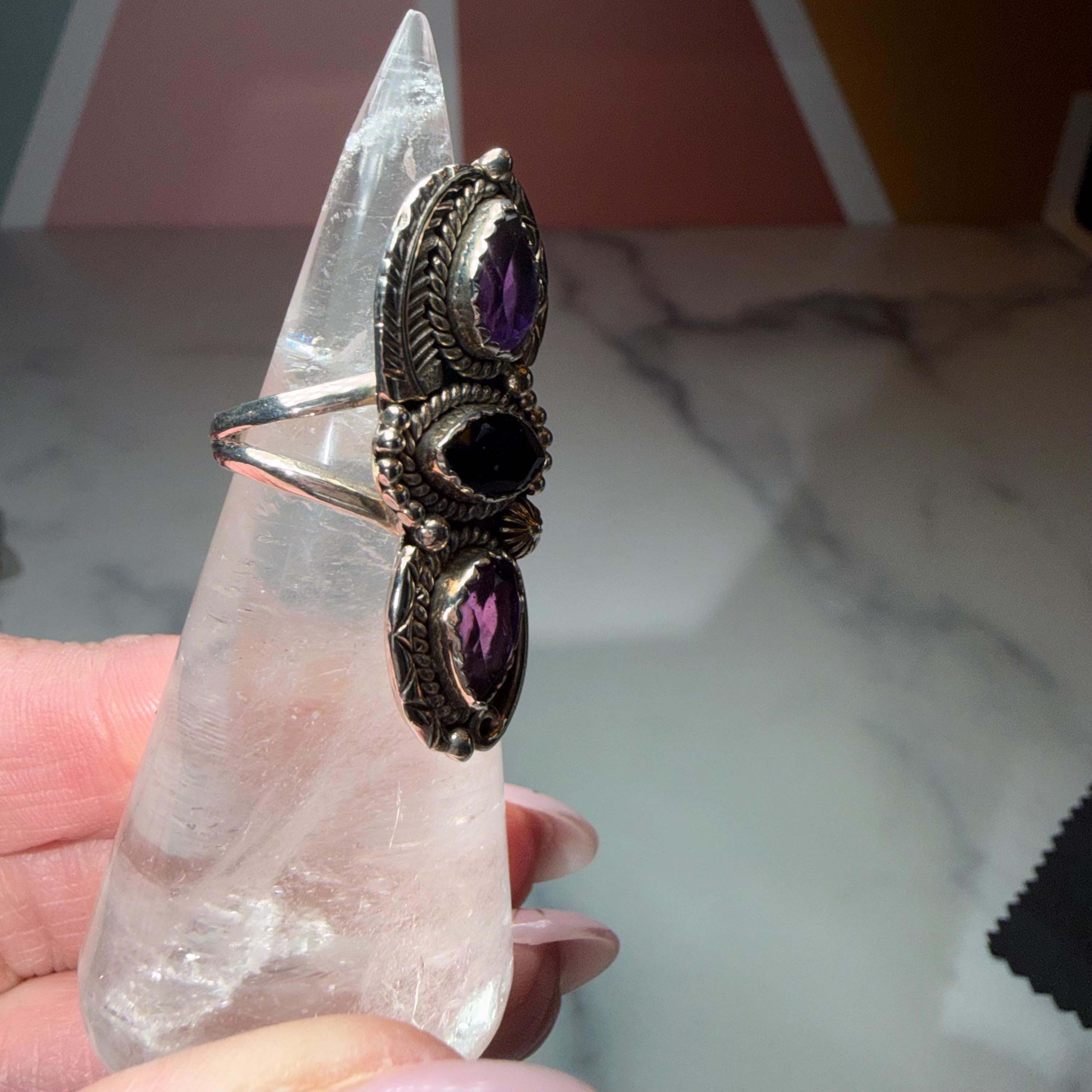 Amethyst Black Onyx Floral Ring, Sterling Silver Faceted Gemstone Jewelry (Size 6) 5