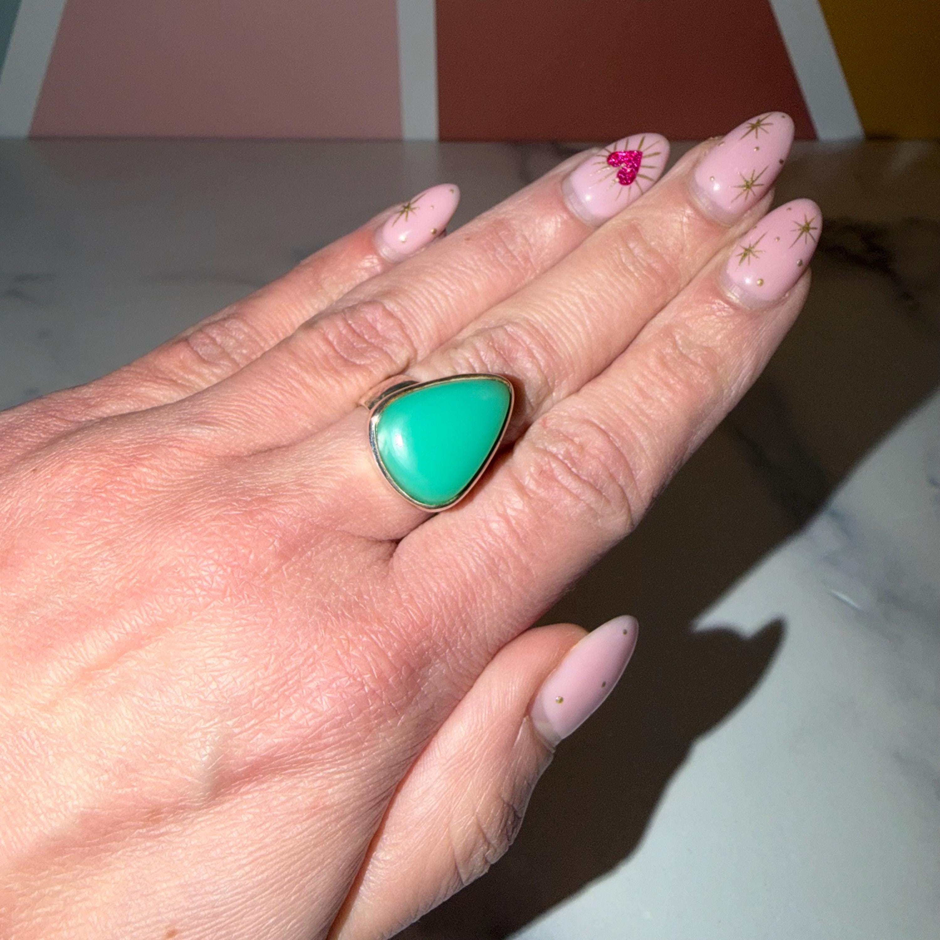 Chrysoprase Sterling Silver Ring • Boho Green Gemstone Statement Jewelry (Size 7) 2