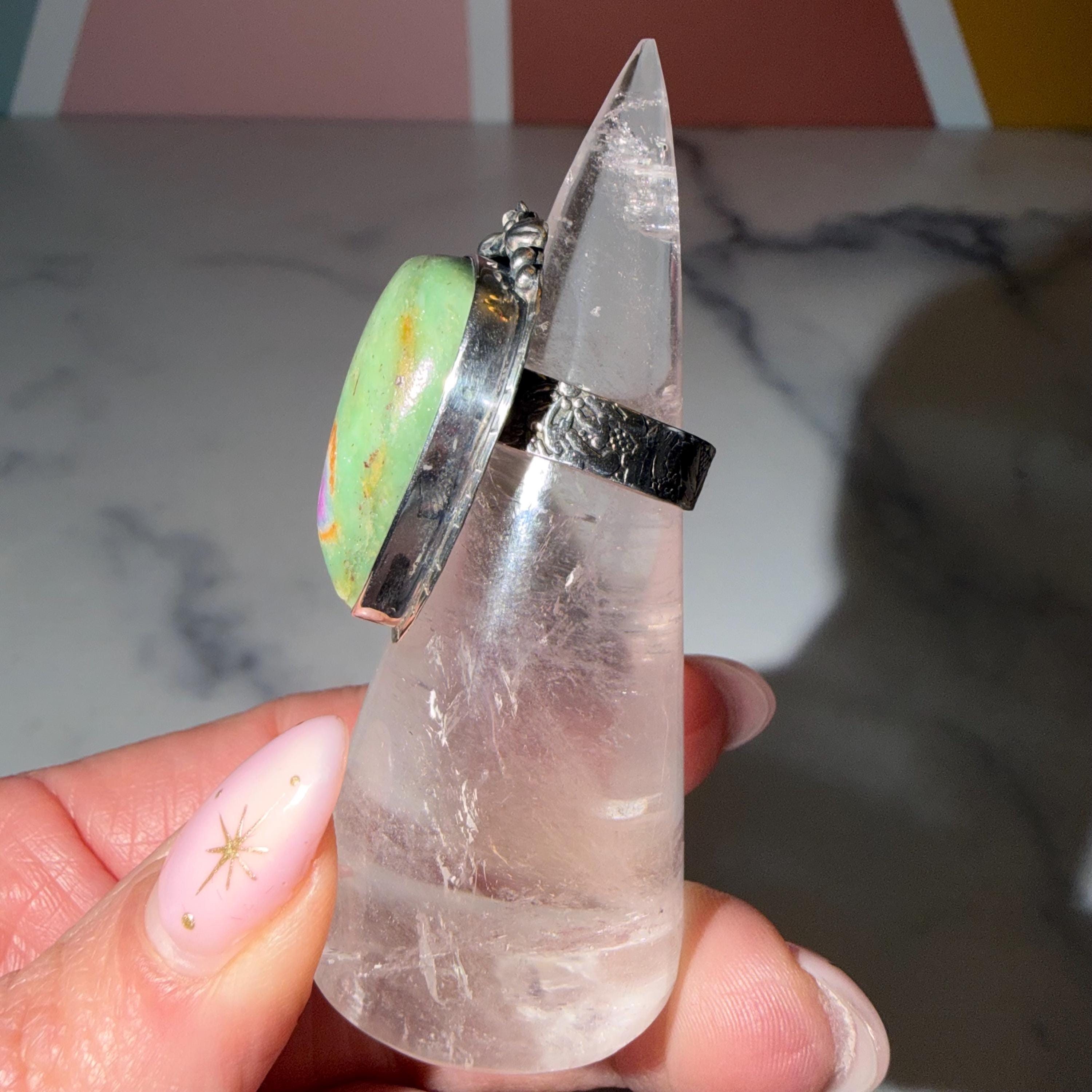 Large Ruby Fuchsite Teardrop Ring • Sterling Silver Floral Setting • Boho Statement Jewelry (Size 6.75) 5