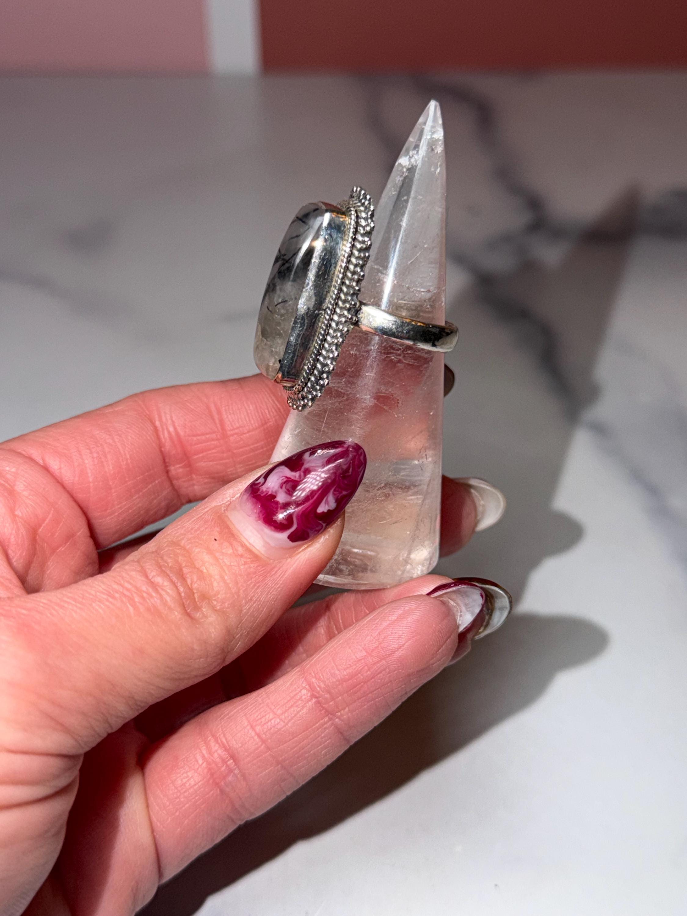 Sterling Silver Tourmaline Quartz Ring • Size 7 Statement Gemstone Boho Jewelry 7
