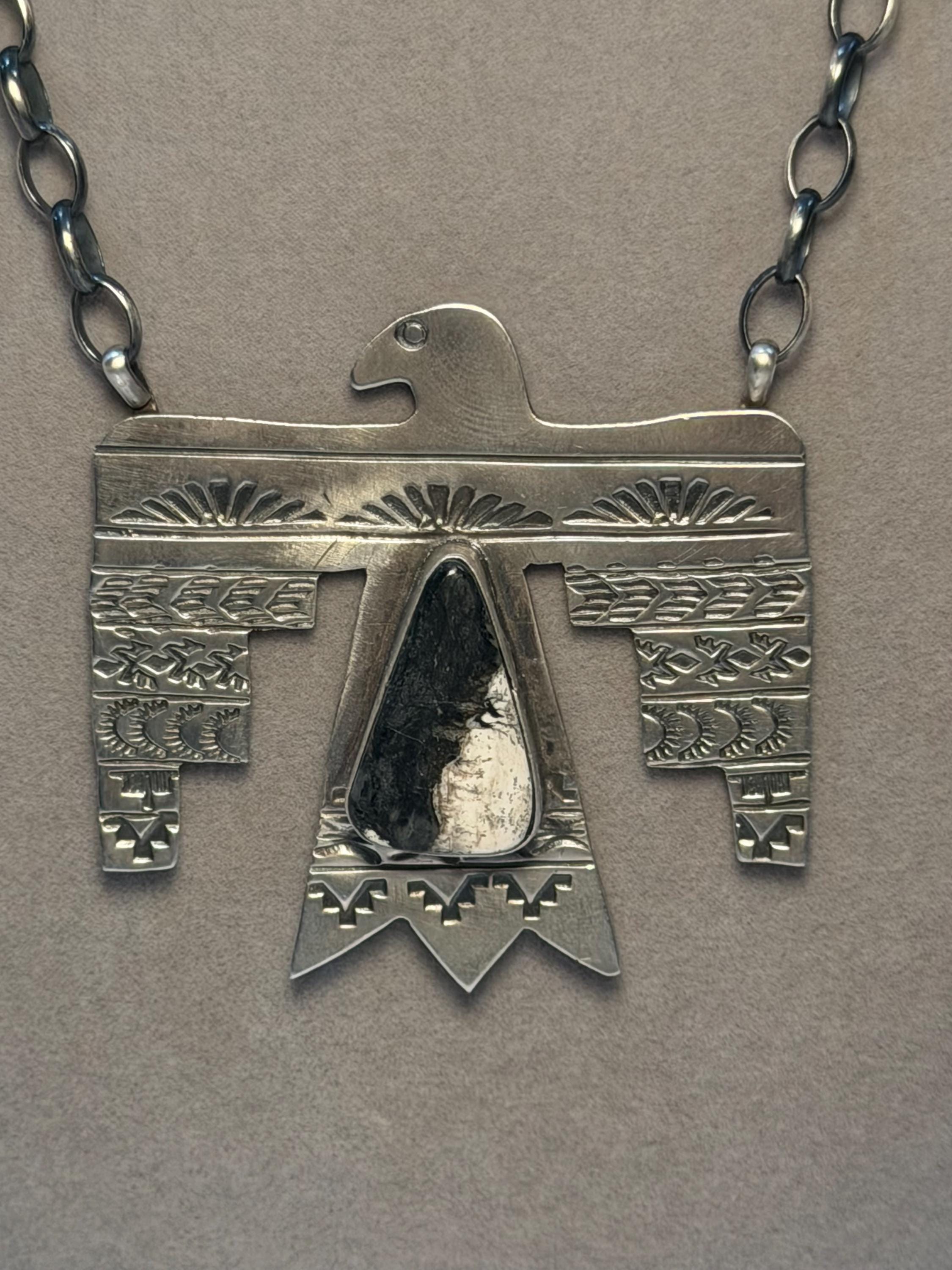 Sterling Silver Thunderbird Necklace, White Buffalo Stone, Southwest Pendant, Rick Enriquez, 18" Chain 2