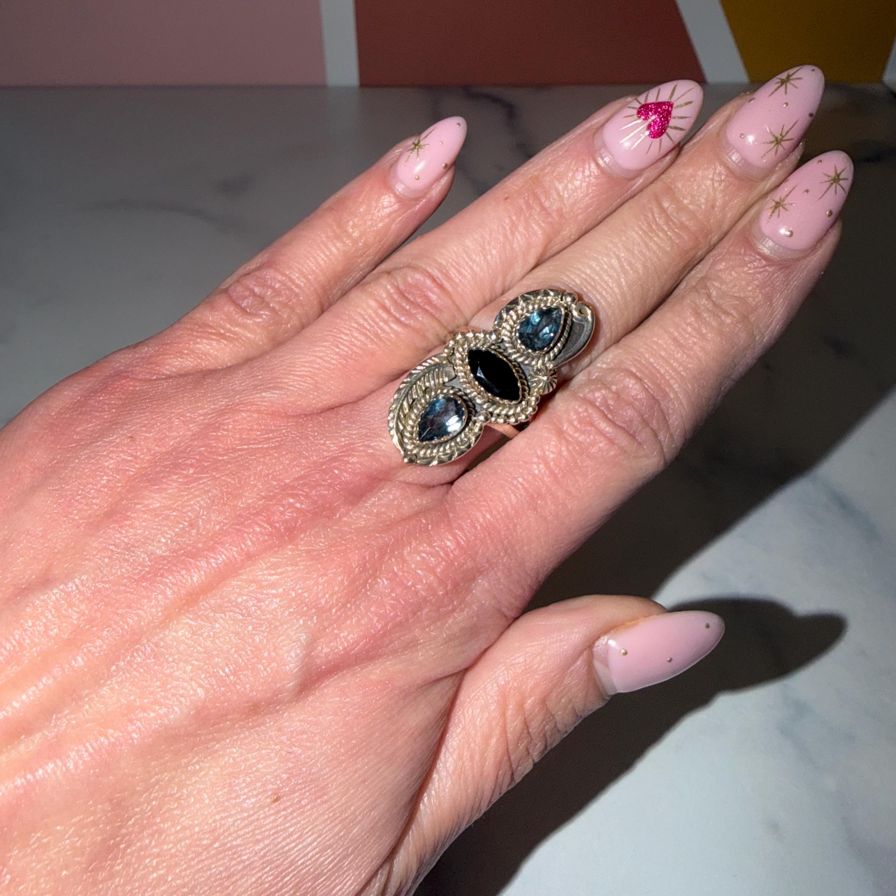 London Blue Topaz Black Onyx Sterling Silver Ring • Statement Gemstone Jewelry (size 7) 3