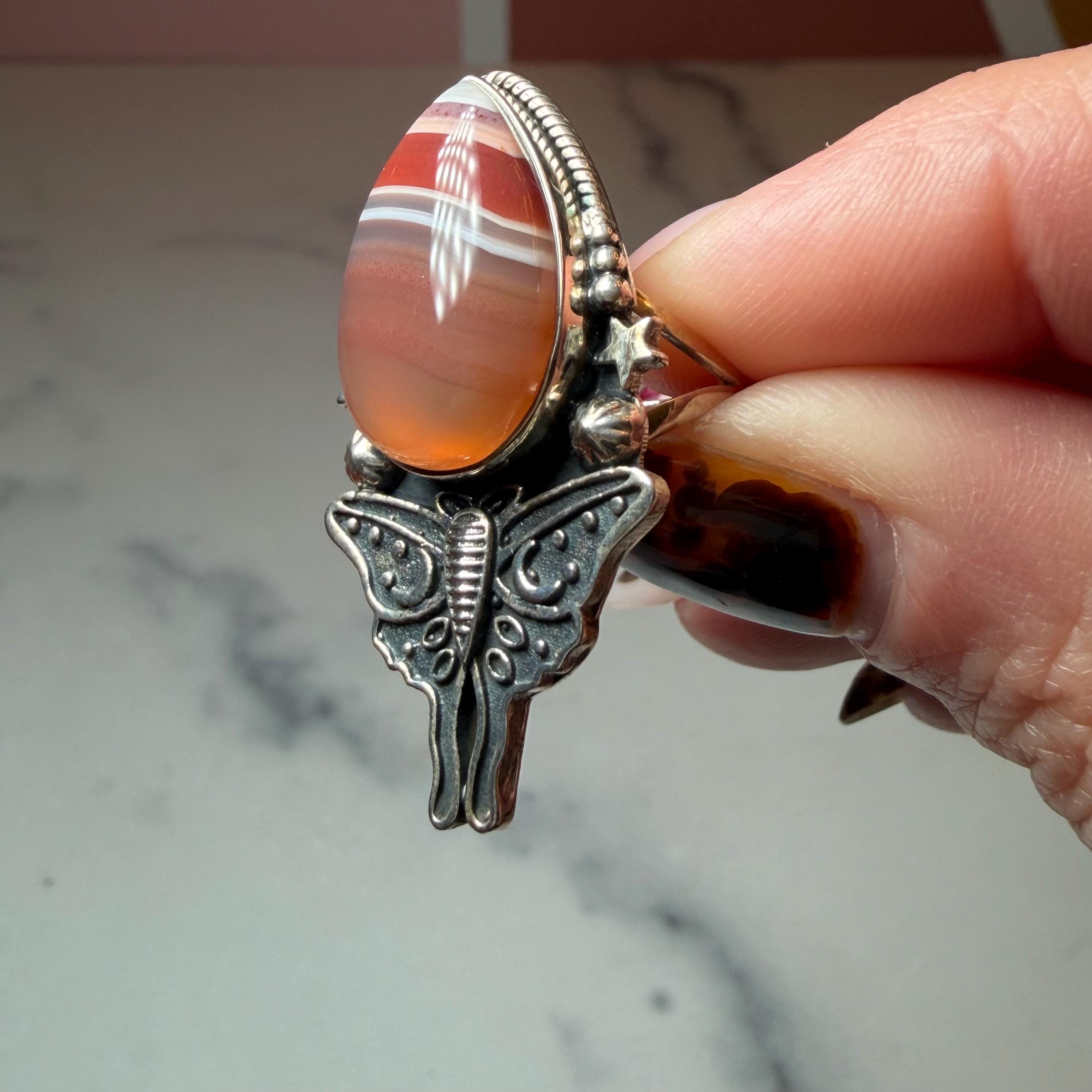 Botswana Agate Luna Moth Ring • Sterling Silver • Celestial Boho Statement Jewelry (size 7) 12