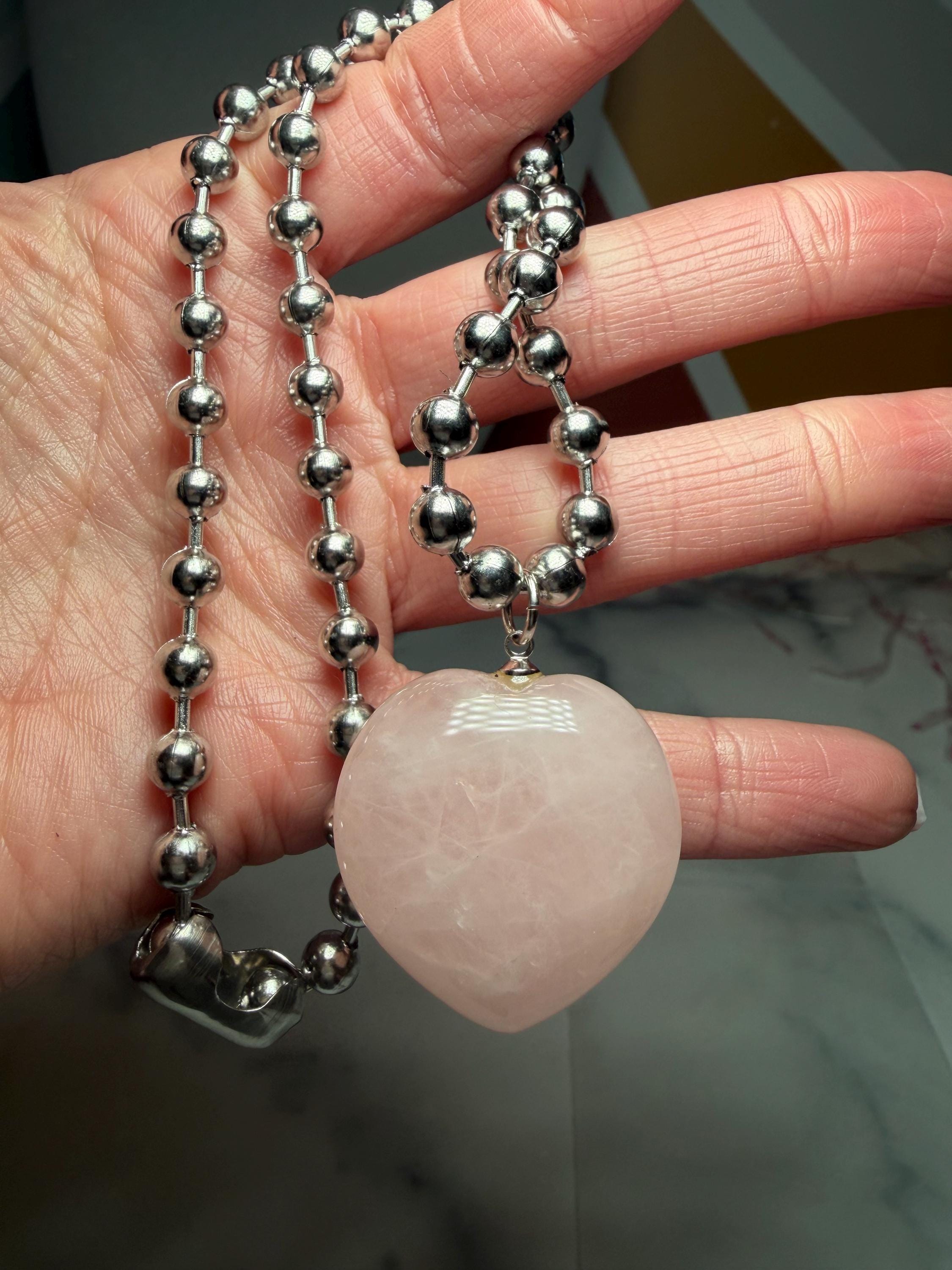 Rose Quartz Heart Pendant Necklace, Sterling Silver Ball Chain, 17 Inch Length 6