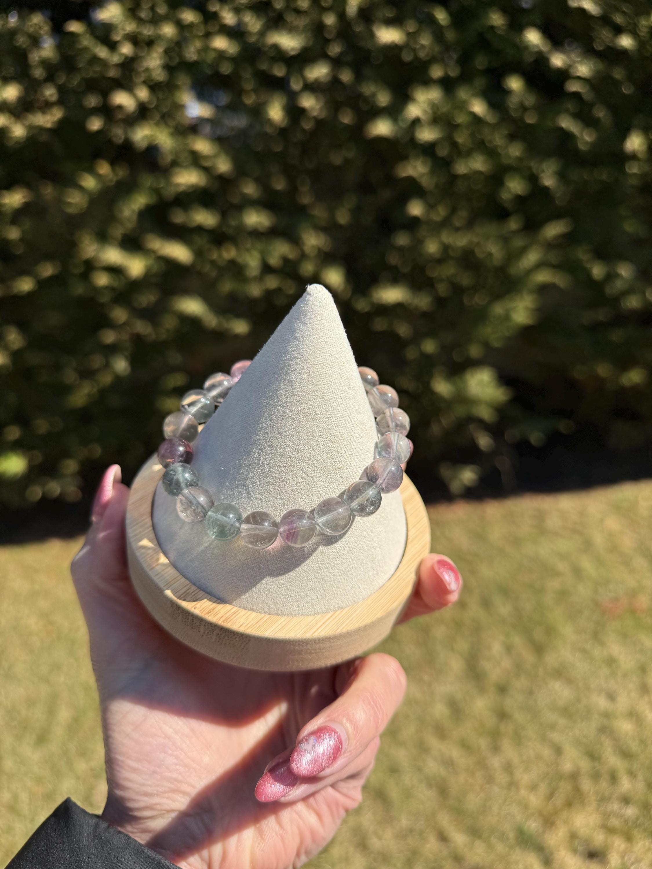 Banded Fluorite Crystal Beaded Stretch Bracelet • 9.5MM Purple Green Stone of Clarity, Intuition 5