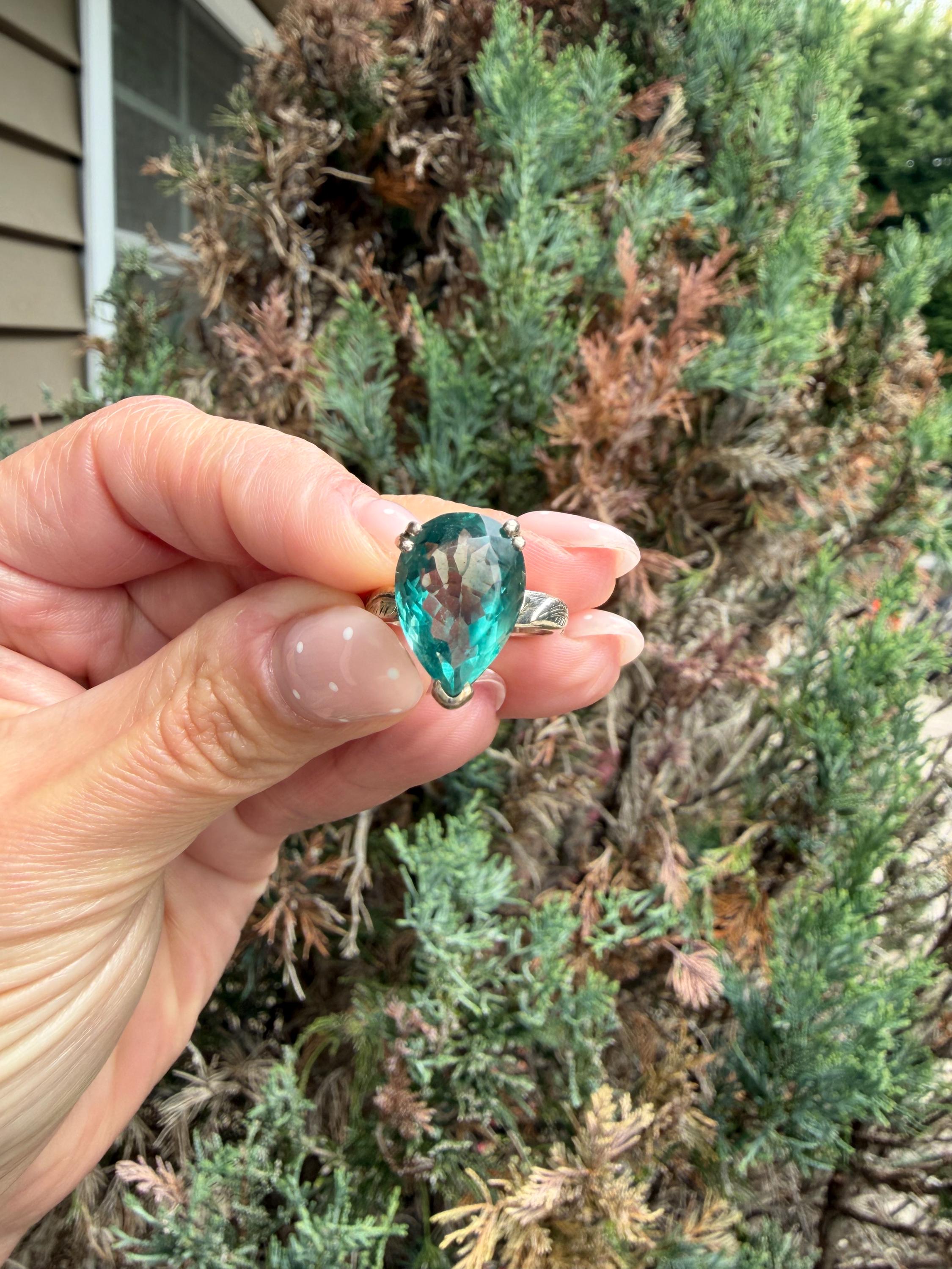 Blue Fluorite Teardrop Ring • Sterling Silver Floral Band • Boho Statement Ring (Size 7) 10