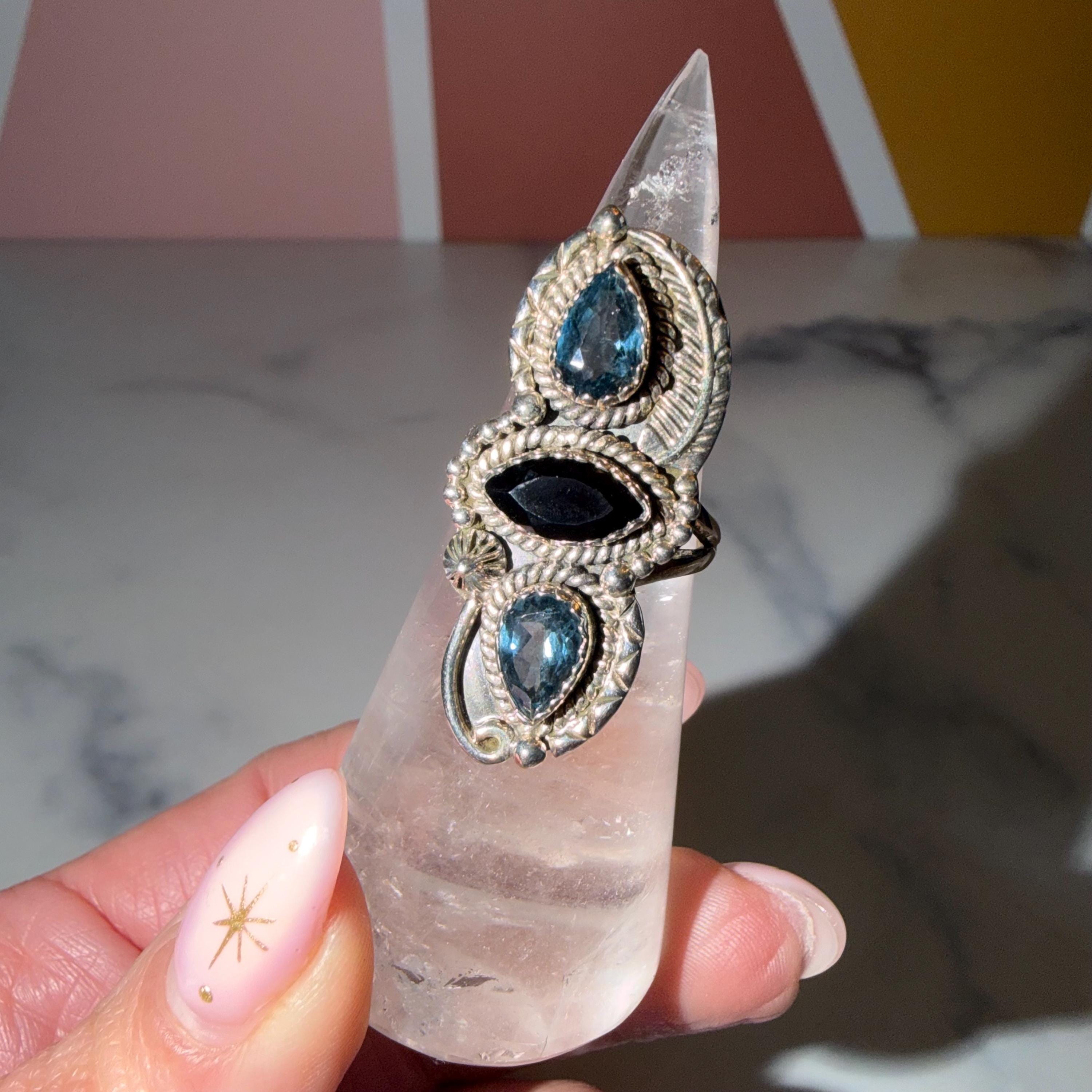 London Blue Topaz Black Onyx Sterling Silver Ring • Statement Gemstone Jewelry (size 7)