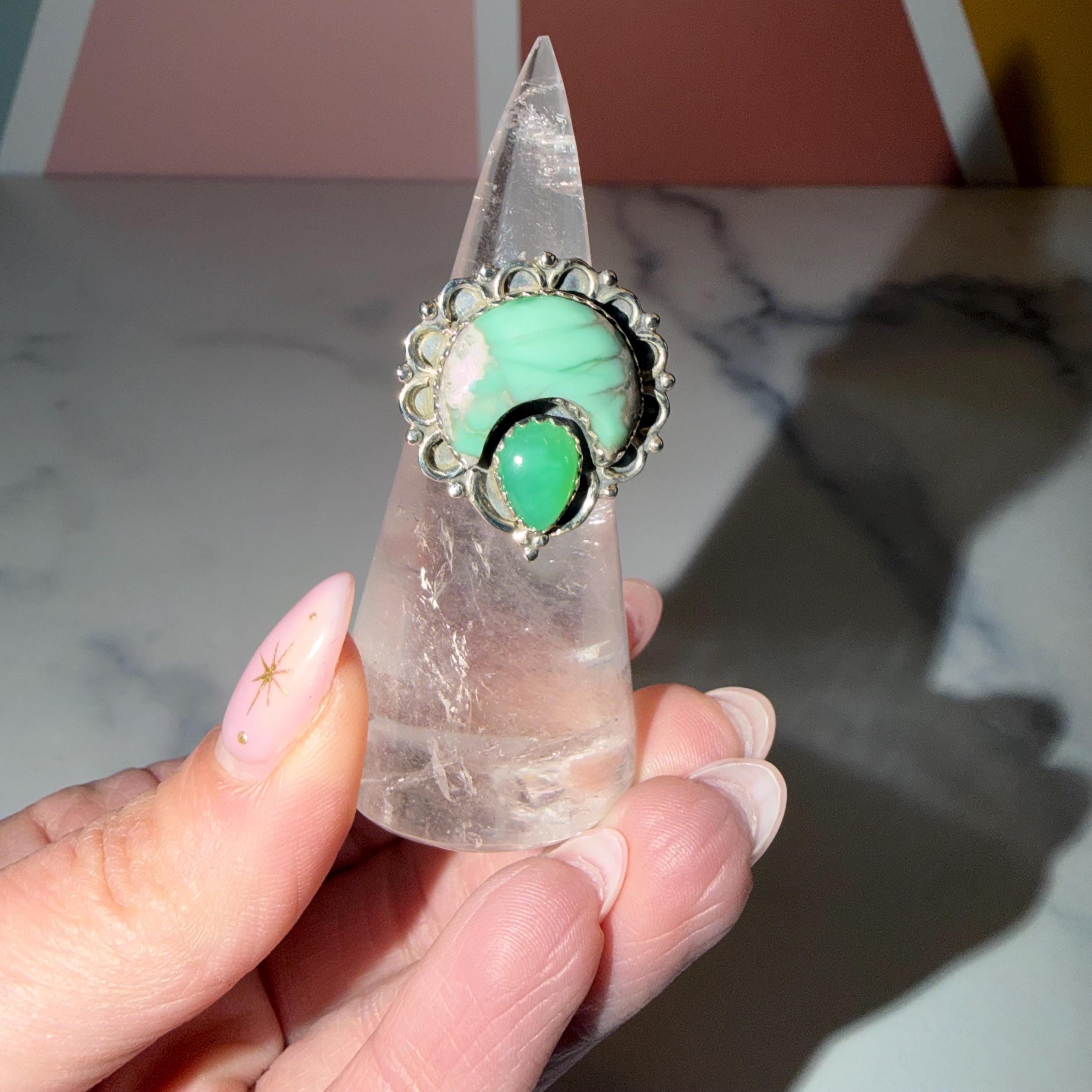 Variscite Chrysoprase Moon Ring • 925 Sterling Silver Statement Gemstone Boho Jewelry (Size 6) 4