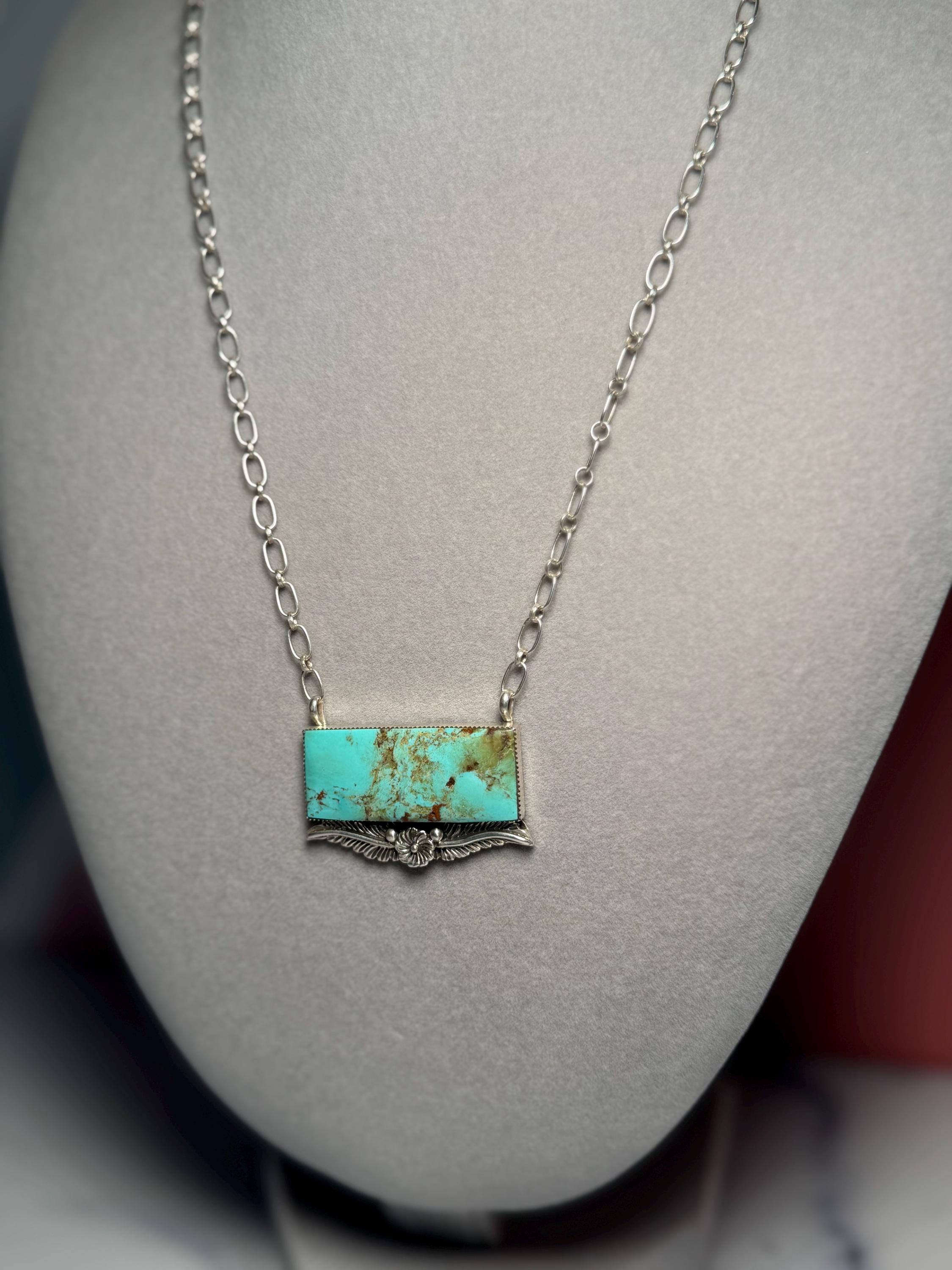 Sterling Silver Turquoise Floral Bar Necklace, Native Made Stamped Southwest Bear, 18.5 Inch 2