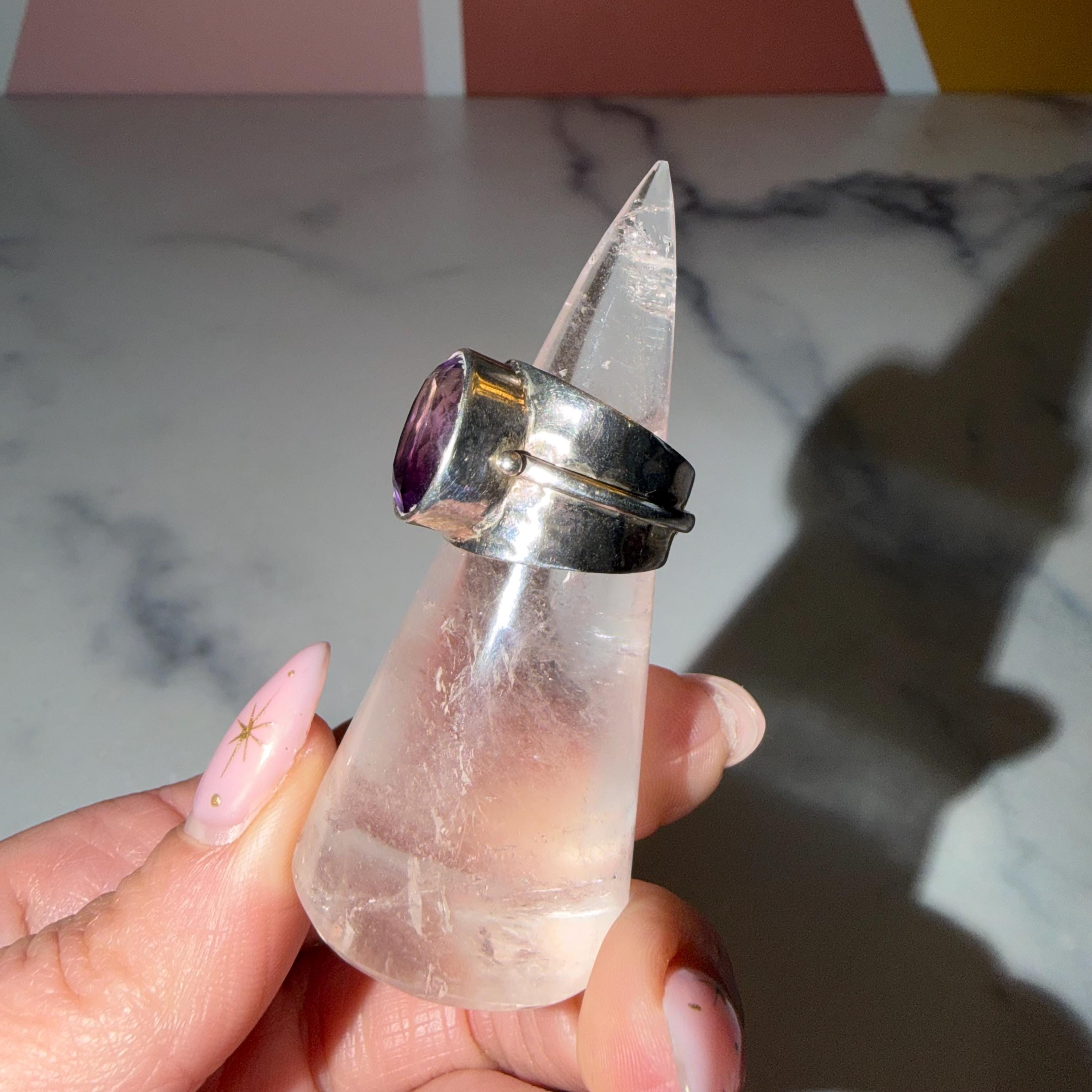Faceted Amethyst Cigar Band Ring • 925 Sterling Silver • Size 7 • Purple Gemstone Statement Ring • Boho Jewelry 4