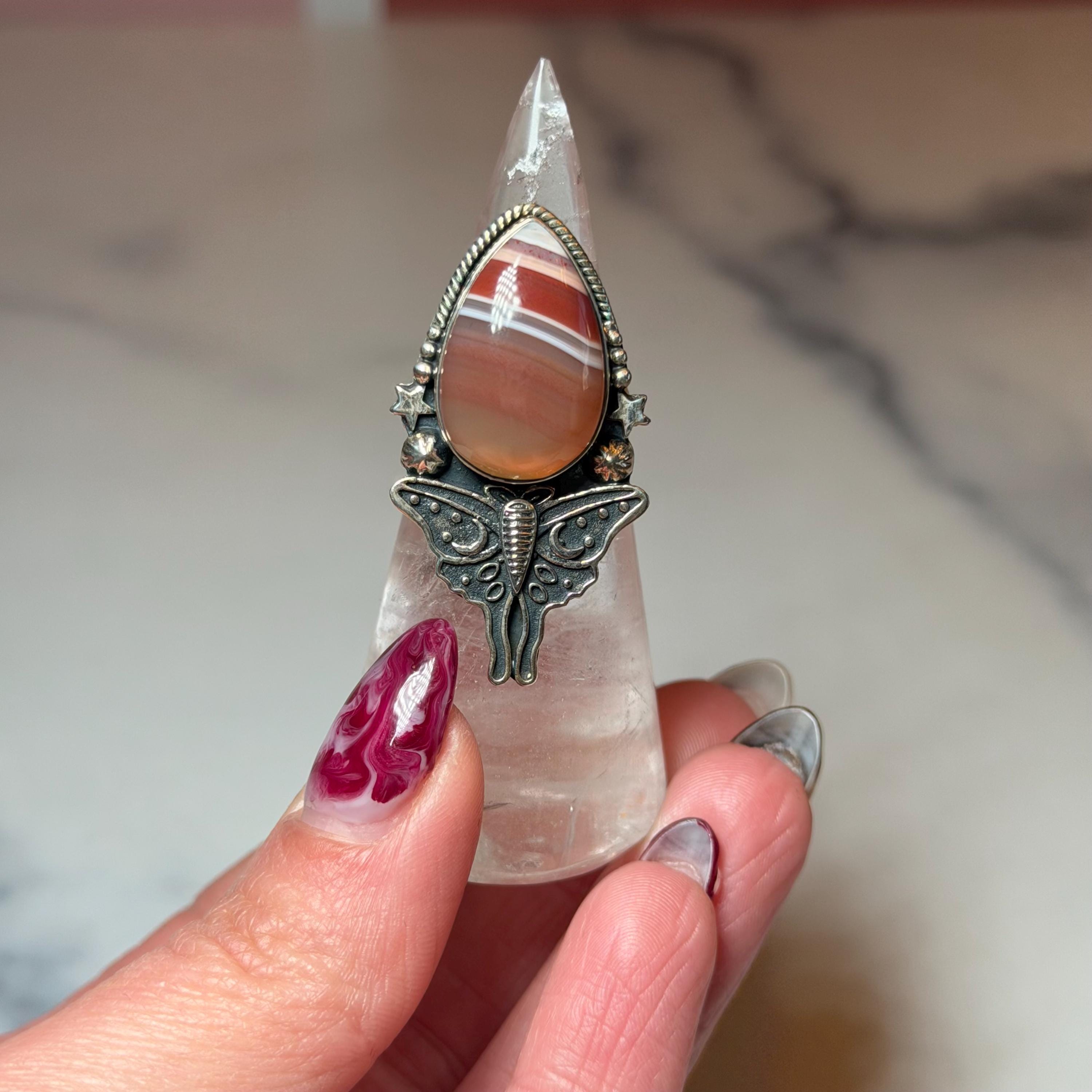 Botswana Agate Luna Moth Ring • Sterling Silver • Celestial Boho Statement Jewelry (size 7)