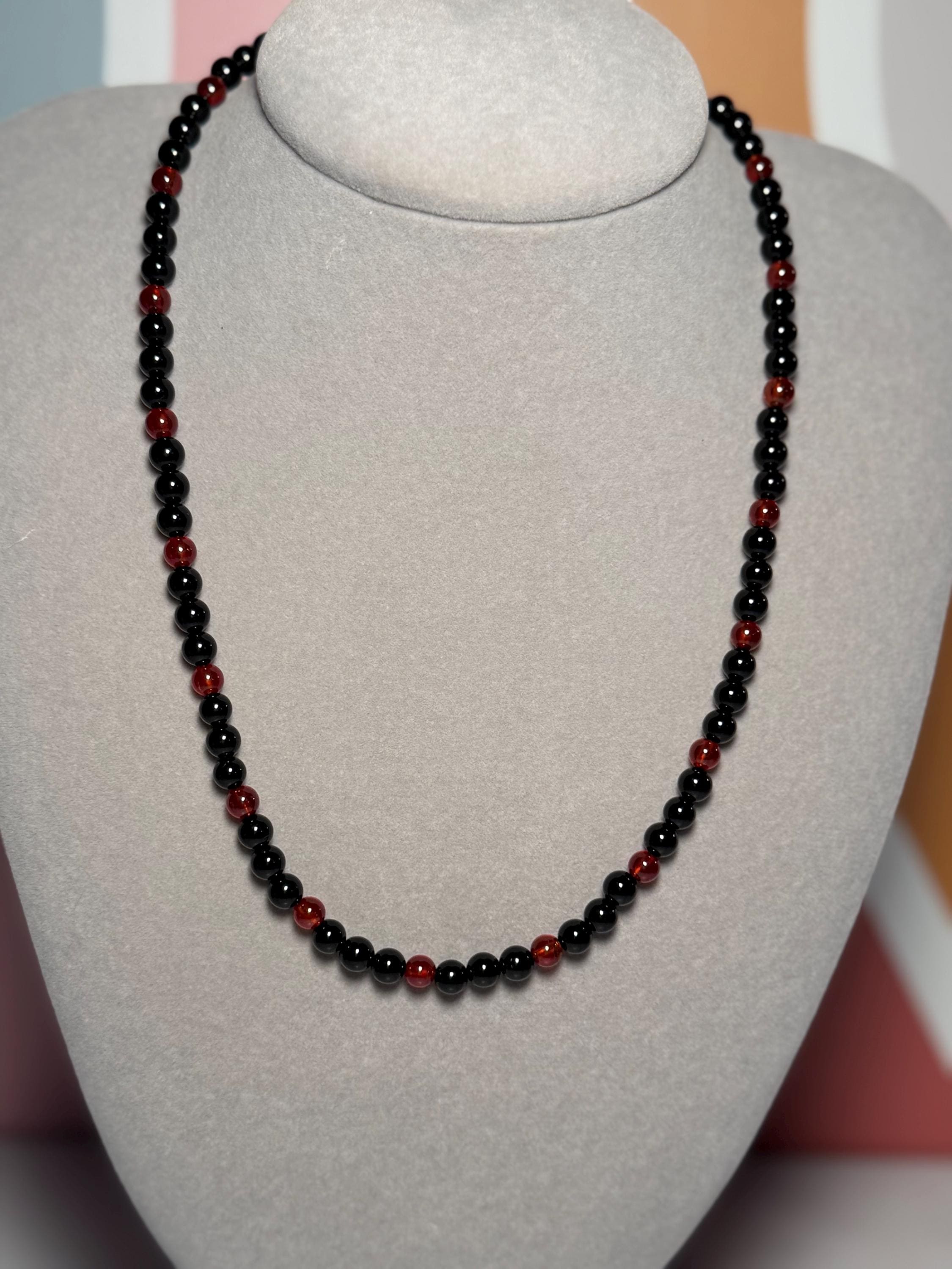 Garnet Black Obsidian Beaded Necklace, 18 Inch Gemstone Chain (3 Inch Extender) 4
