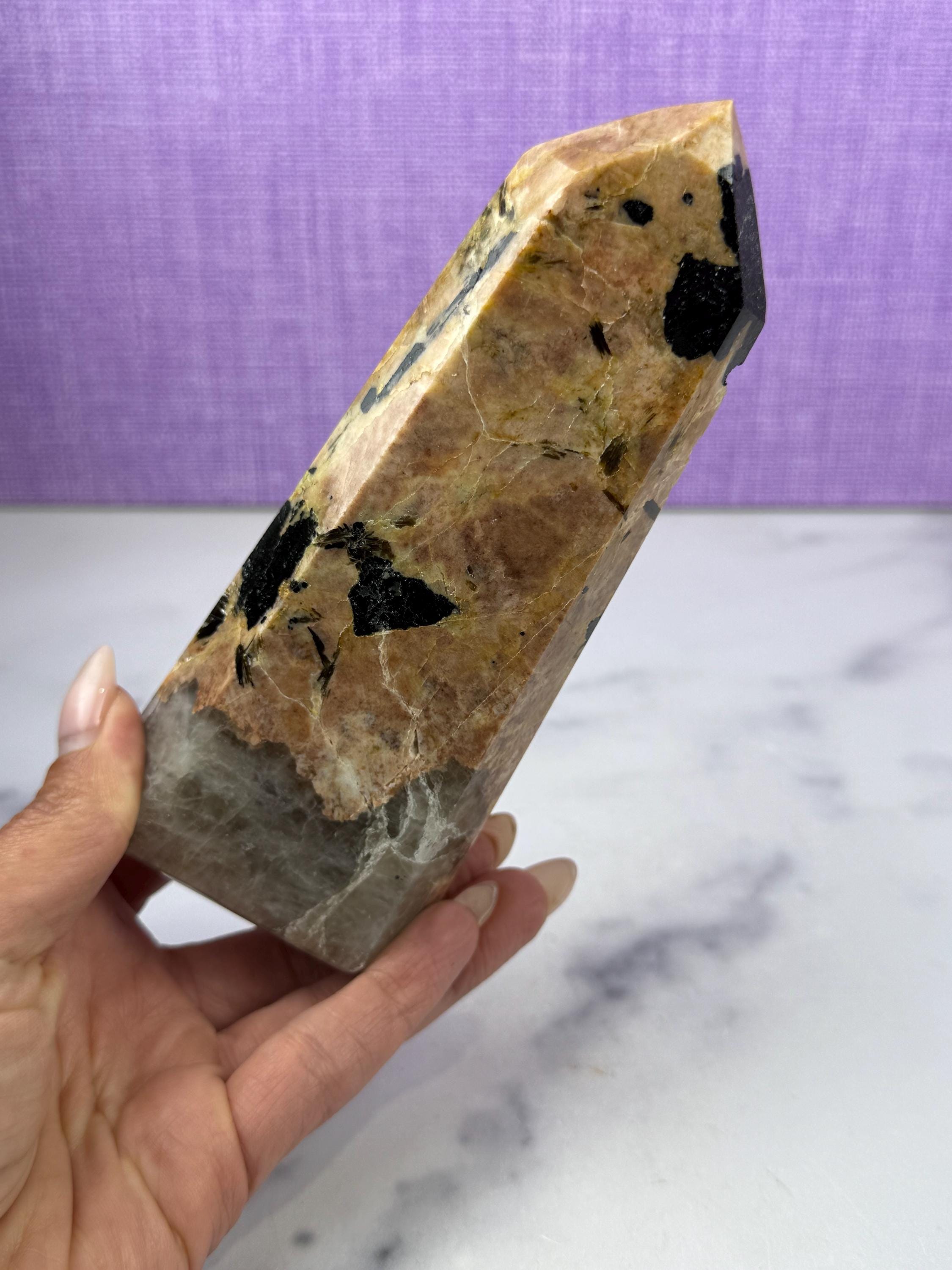 Polished Black Tourmaline Quartz Feldspar Crystal Tower, Protection Healing Stone, Spiritual Decor