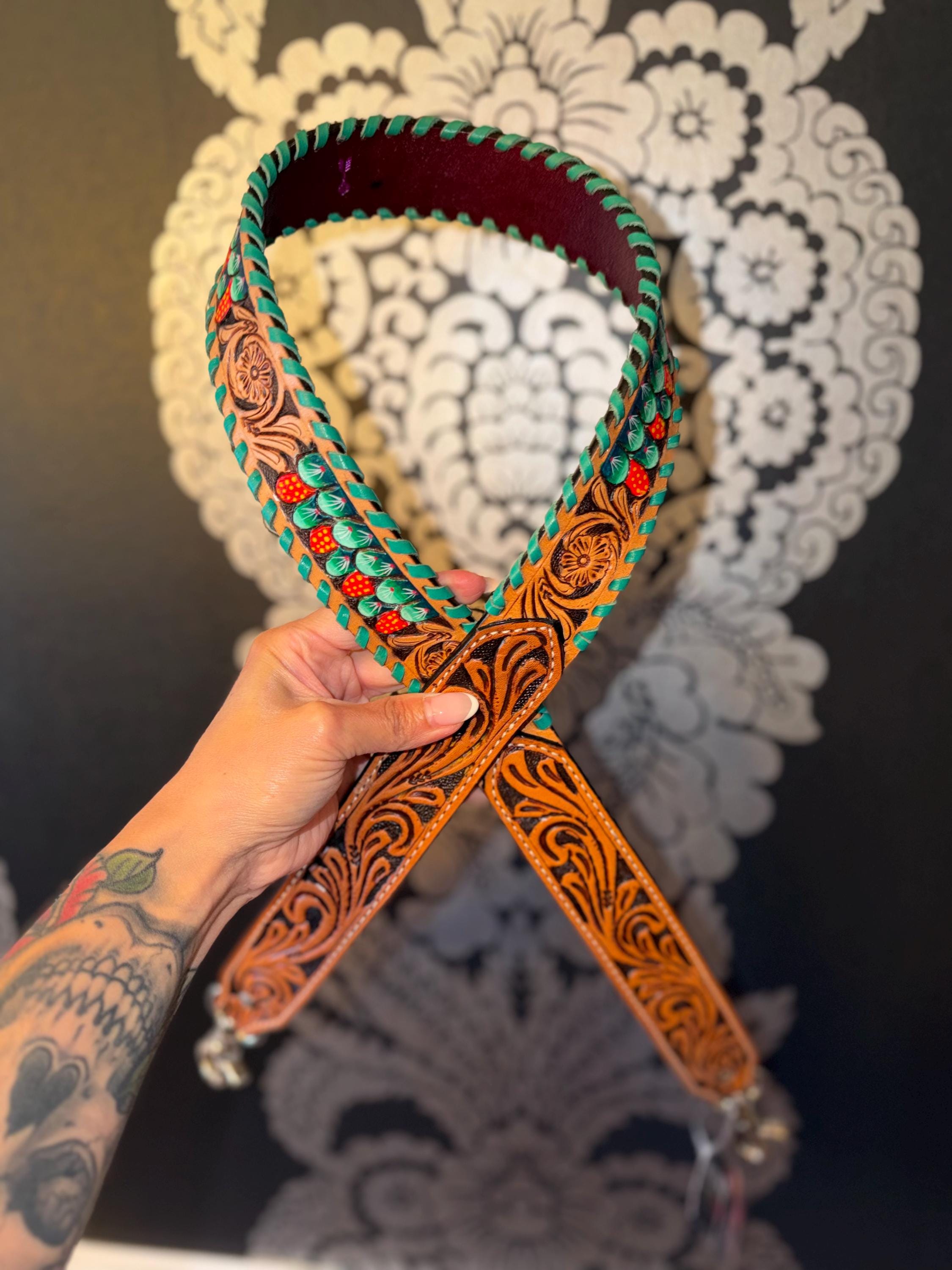 Tooled Leather Cactus Purse Strap 6