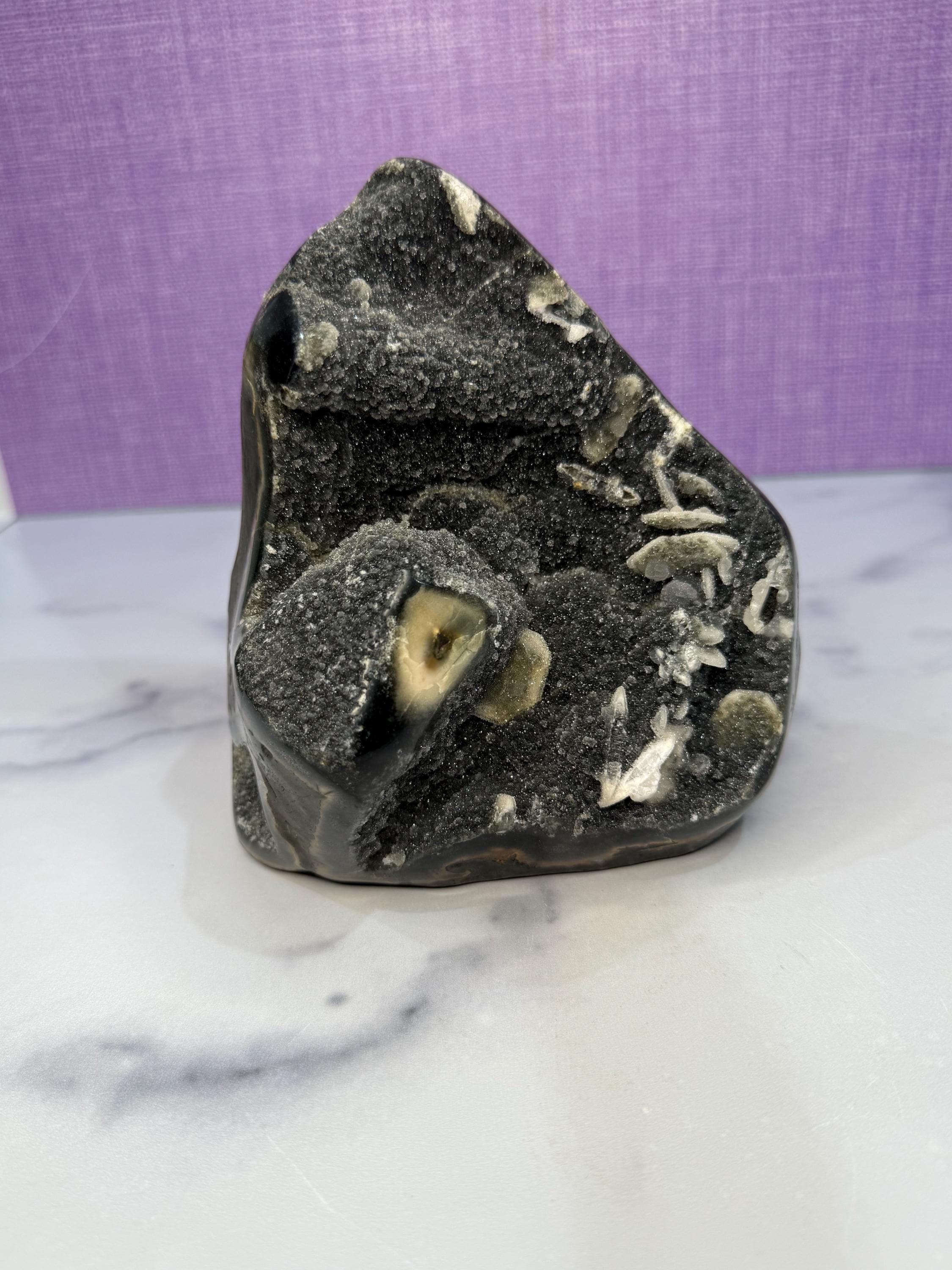 XL Black Amethyst Druzy Cut Base with Calcite • Sparkling Crystal Cluster • Spiritual Decor