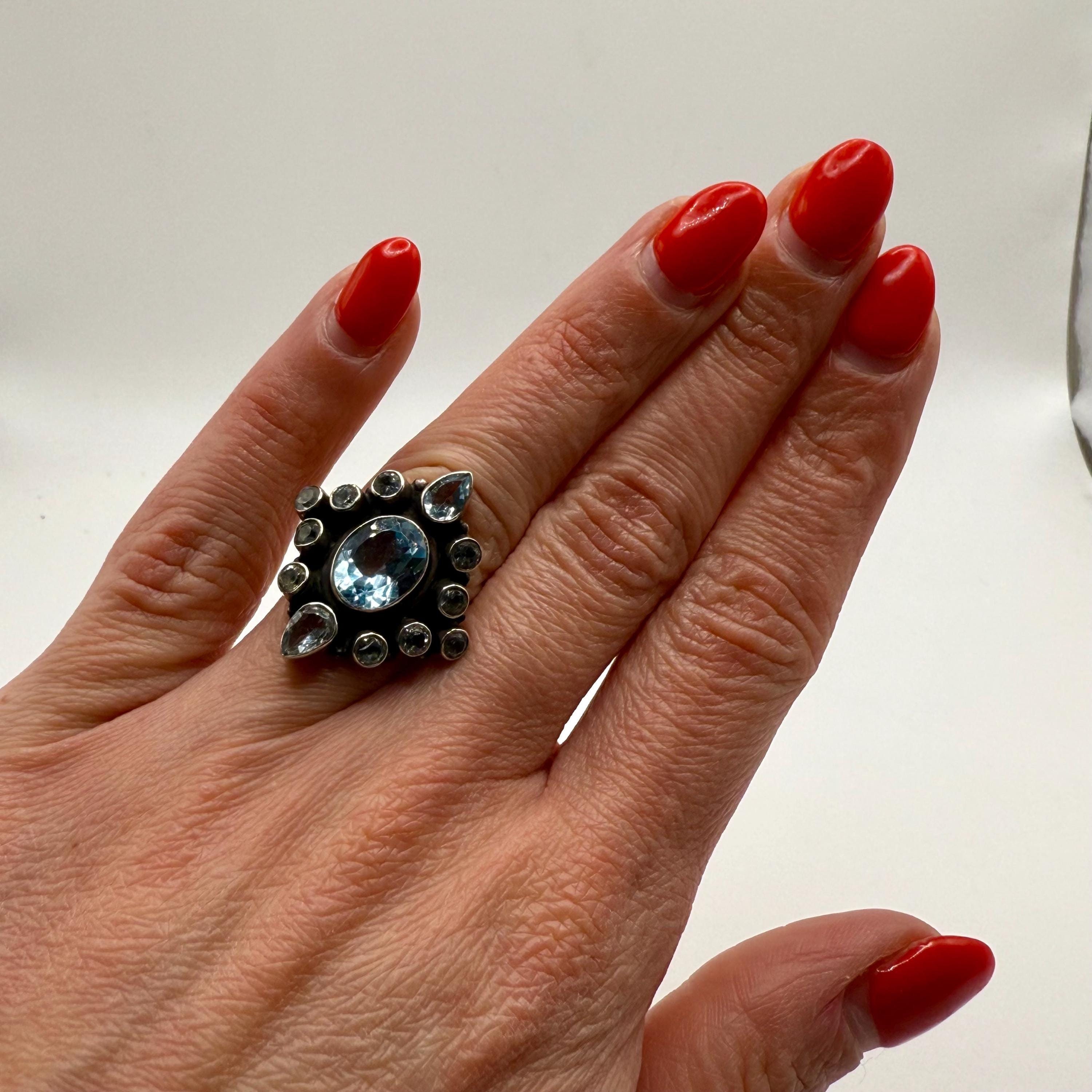 Sterling Silver Blue Topaz Teardrop Ring, December Birthstone, Statement Topaz Jewelry (size 6)