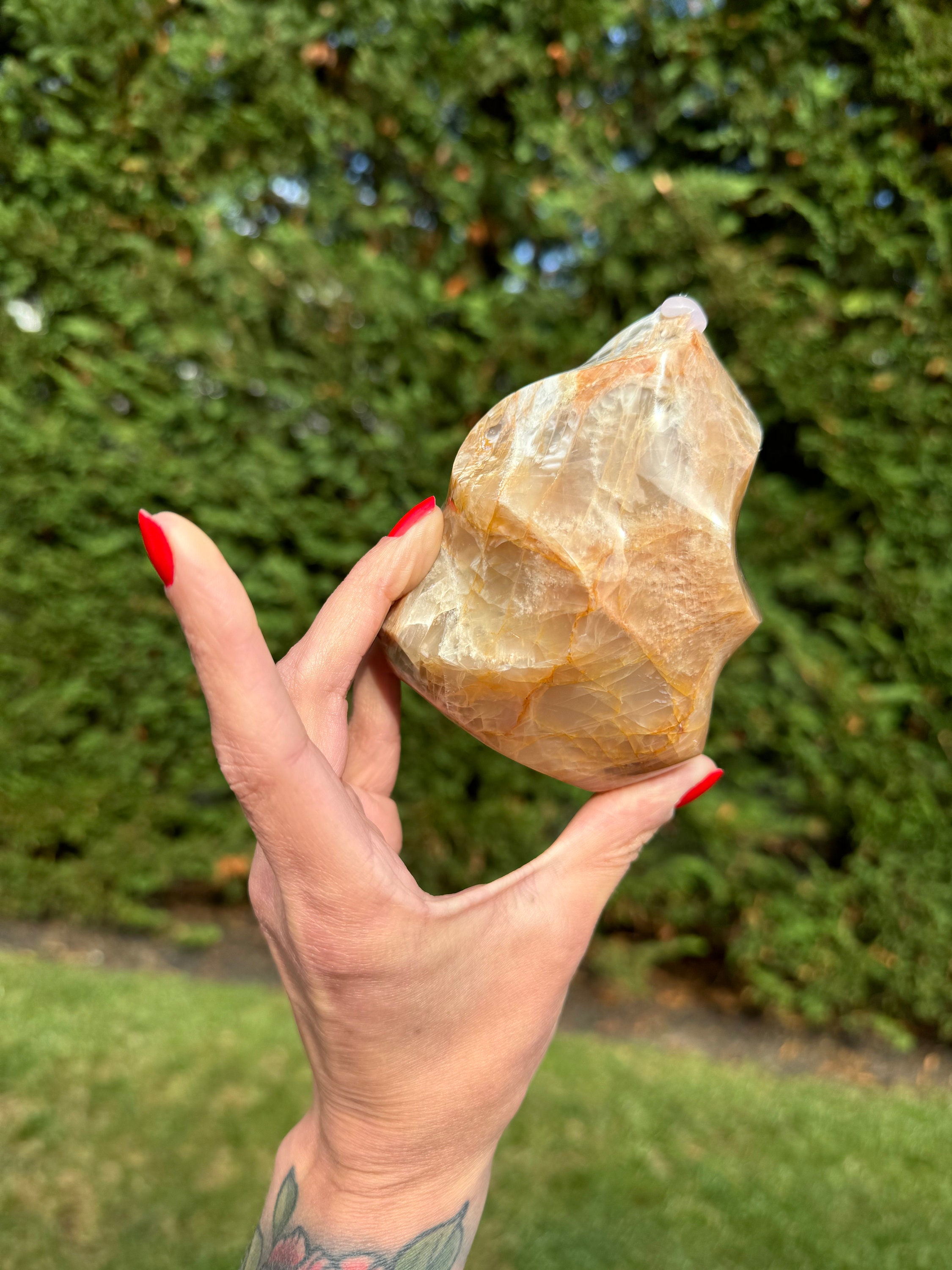 Flashy Peach Moonstone Flame Carving • Polished Crystal • Reiki Healing Stone • Spiritual Decor • Gemstone Sculpture 3