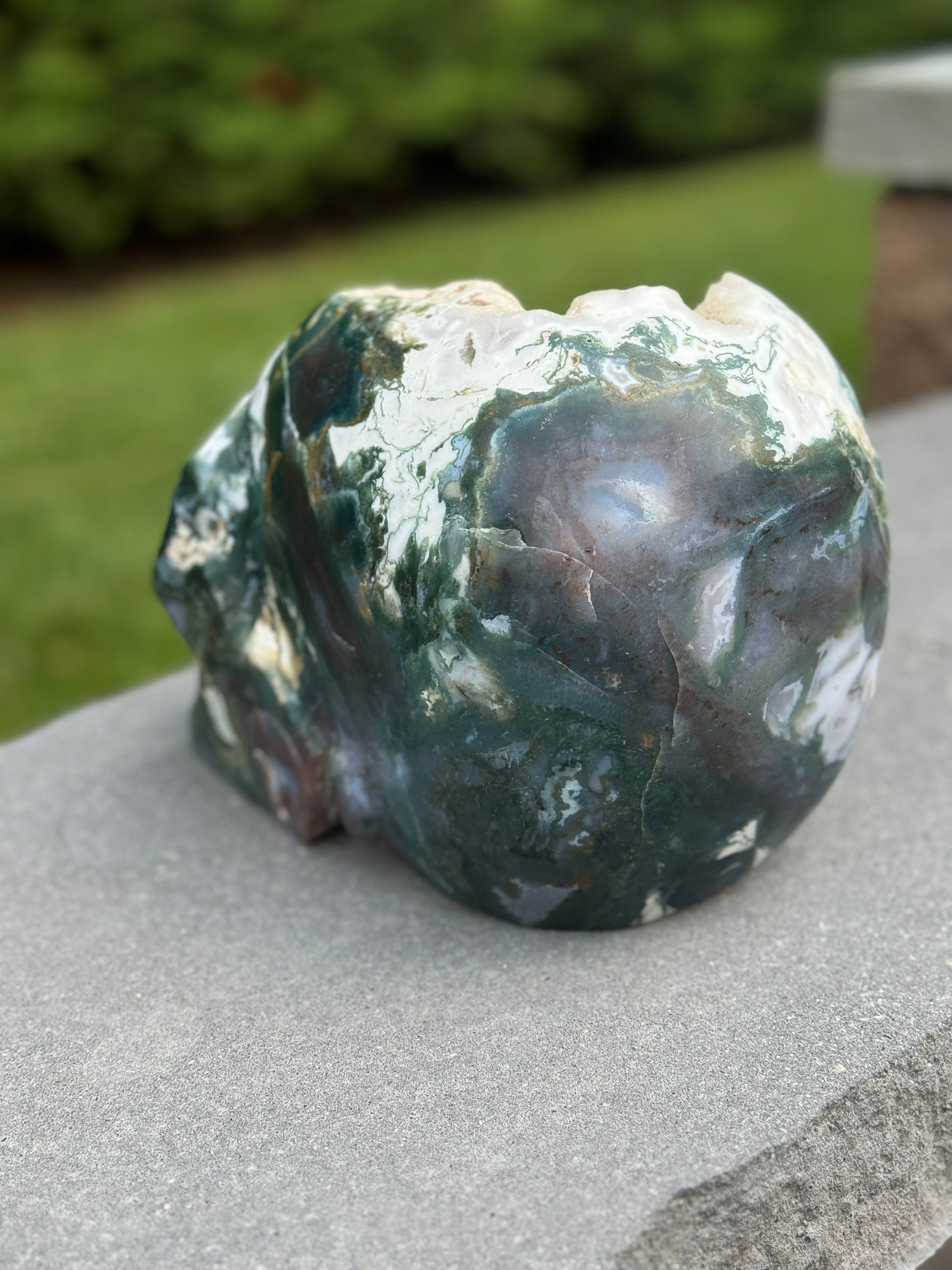 Moss Agate Skull Carving • Sugar Druzy Crystal Art, Spiritual Decor 9
