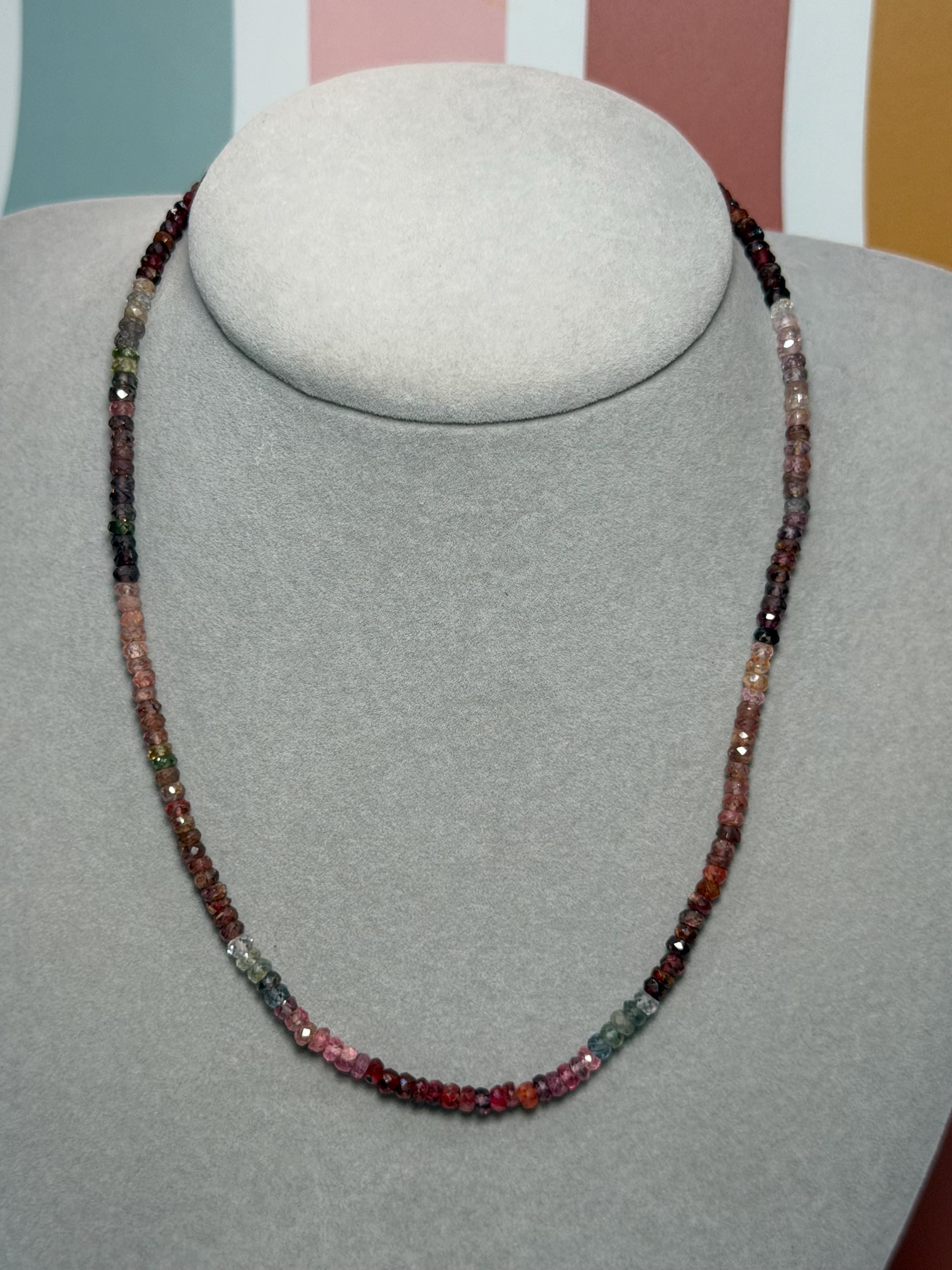 Mixed Tourmaline Beaded Necklace, Faceted Rondelle Gemstone, Sterling Silver Chain