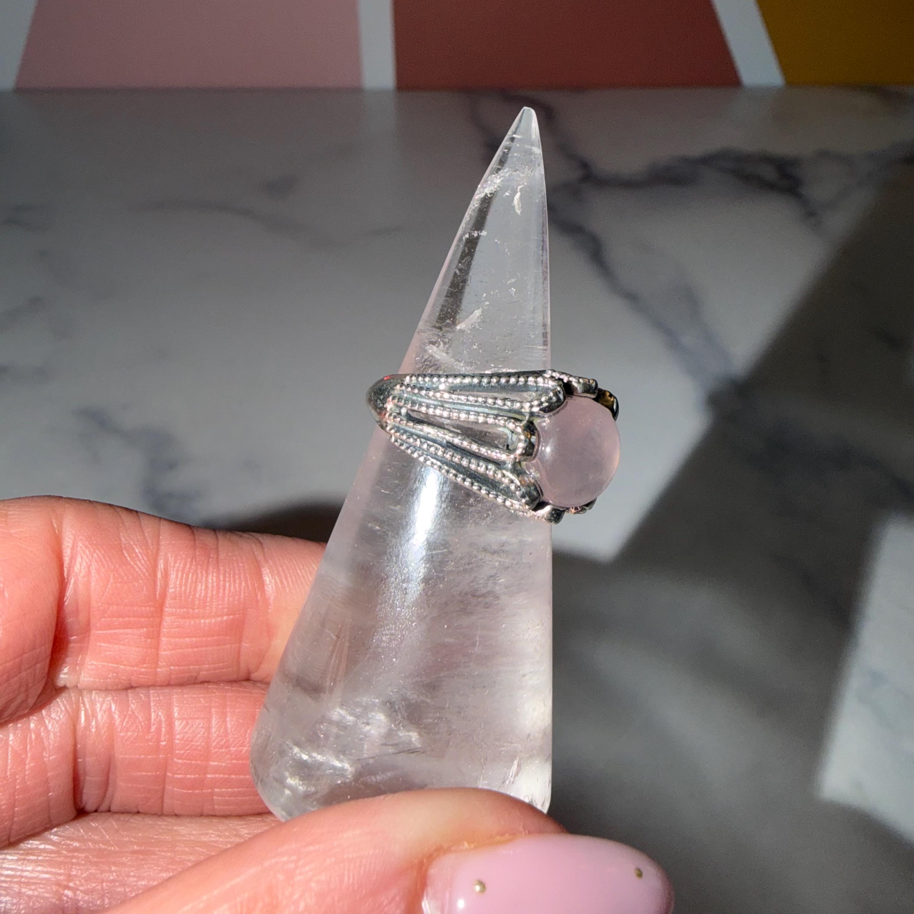 Rose Quartz Round Ring, 925 Sterling Silver, Love Crystal, Heart Chakra, Size 7 5