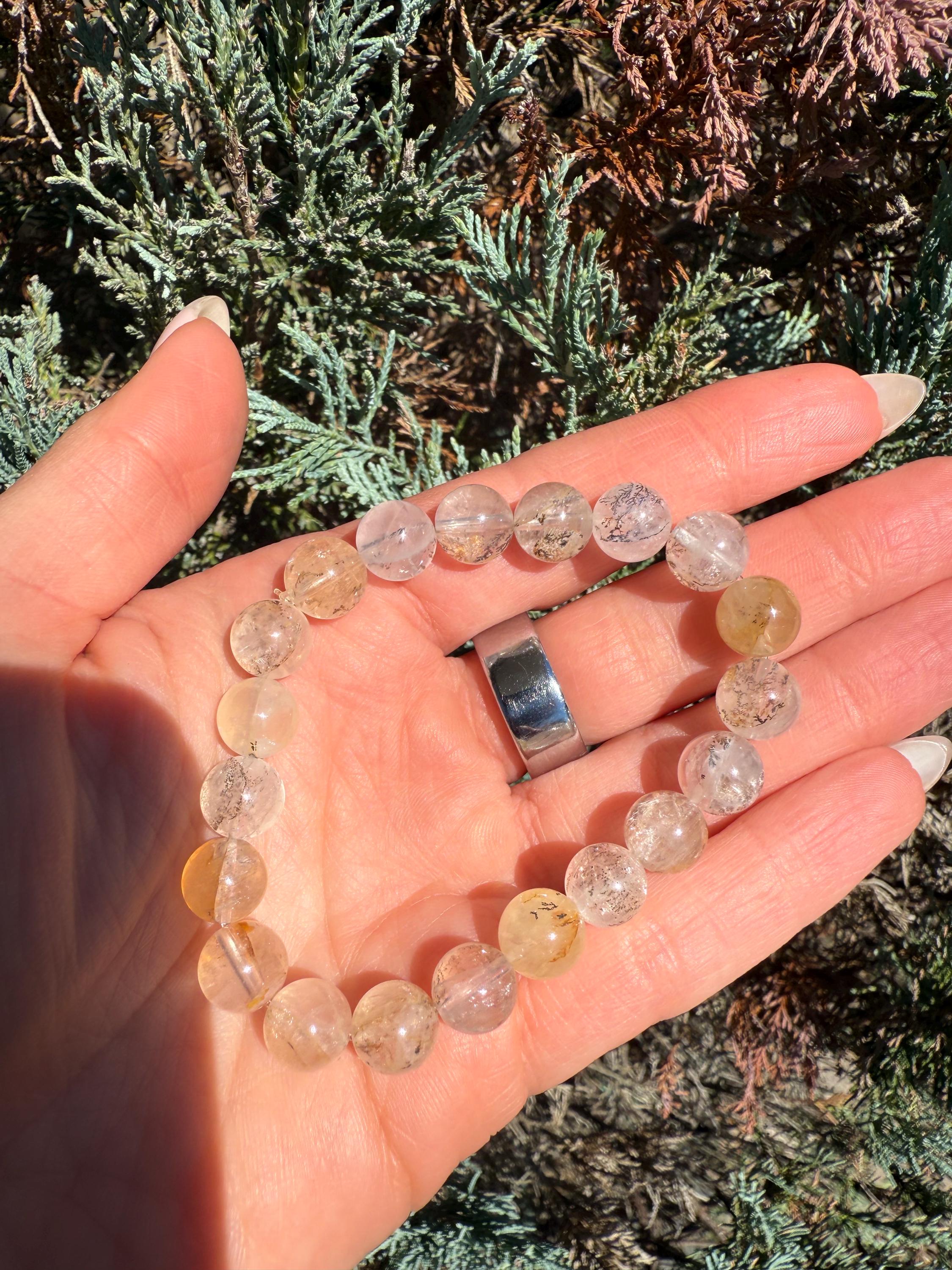 Dendritic Quartz with Gold Healer Inclusions Stretch Beaded Bracelet, Crystal Beaded Jewelry (9mm) 7