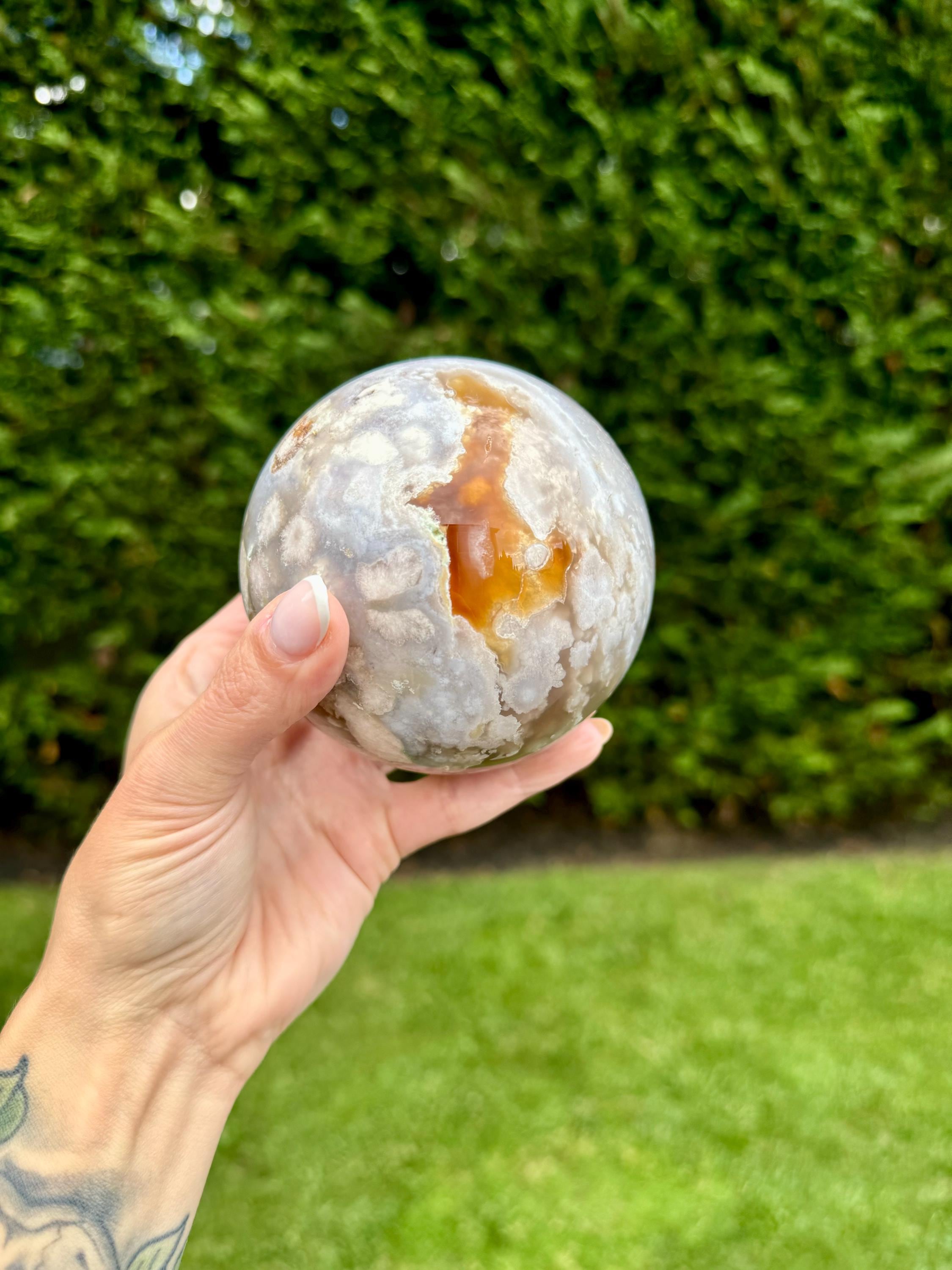Flower Agate Crystal Sphere, Carnelian Amethyst Orb, Large Natural Stone Decor 6