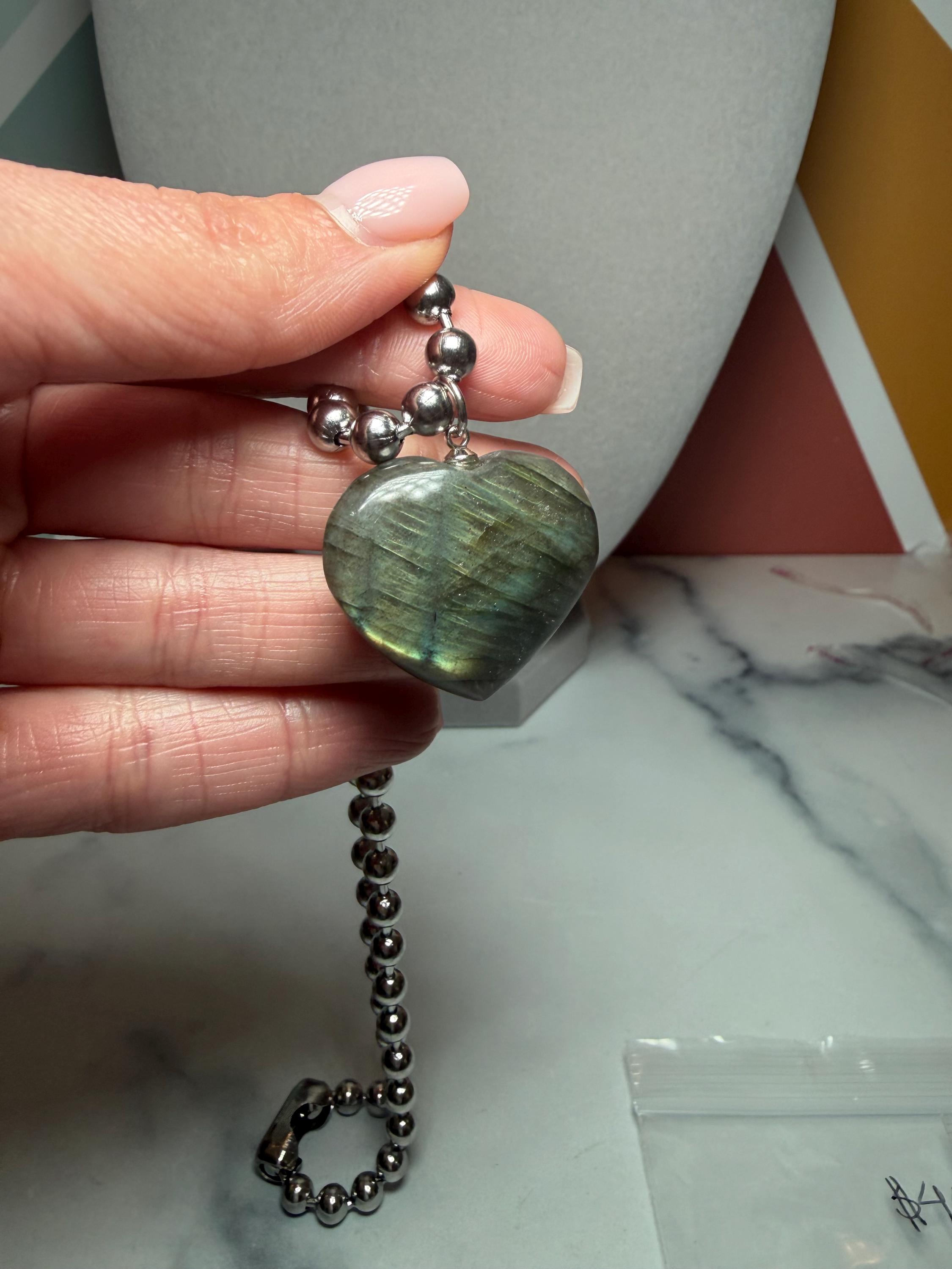 Labradorite Heart Pendant Necklace, Sterling Silver Ball Chain, 17 Inch Gemstone Jewelry 11